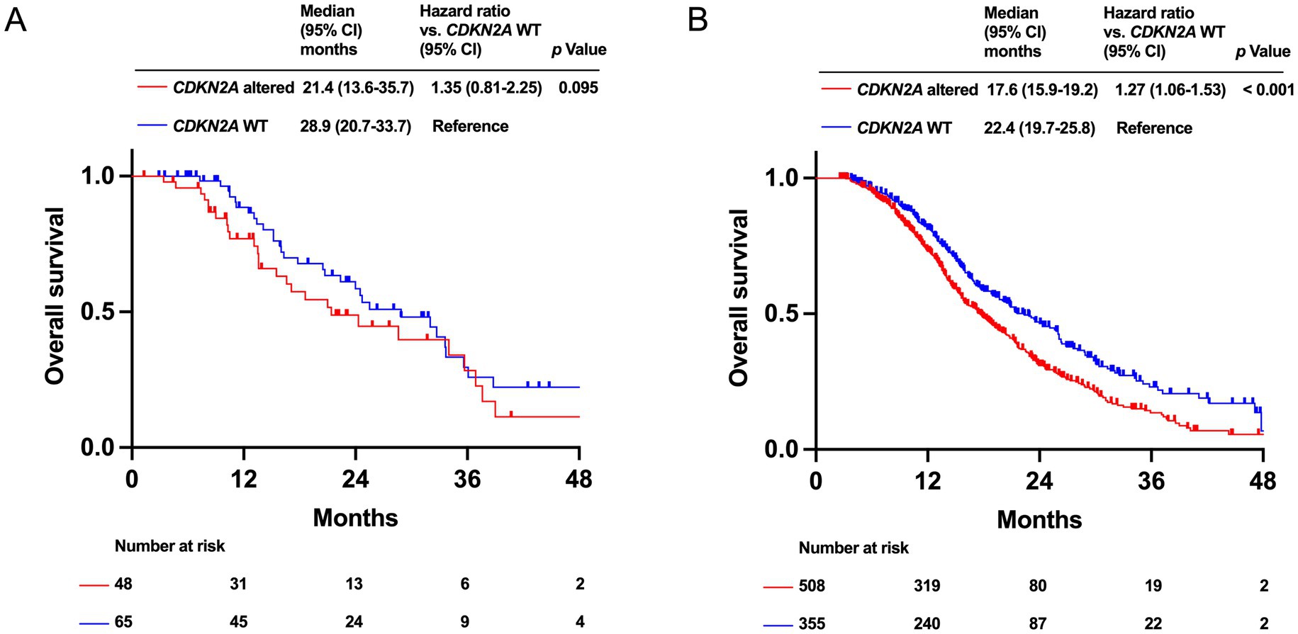 Kaplan-Meier survival curves compare overall survival between CDKN2A altered (red) and CDKN2A wild type (blue) groups. Panel A shows a median survival of 21.4 months for altered and 28.9 months for wild type with a hazard ratio of 1.35. Panel B shows a median survival of 17.6 months for altered and 22.4 months for wild type with a hazard ratio of 1.27. P-value in panel B is less than 0.001.