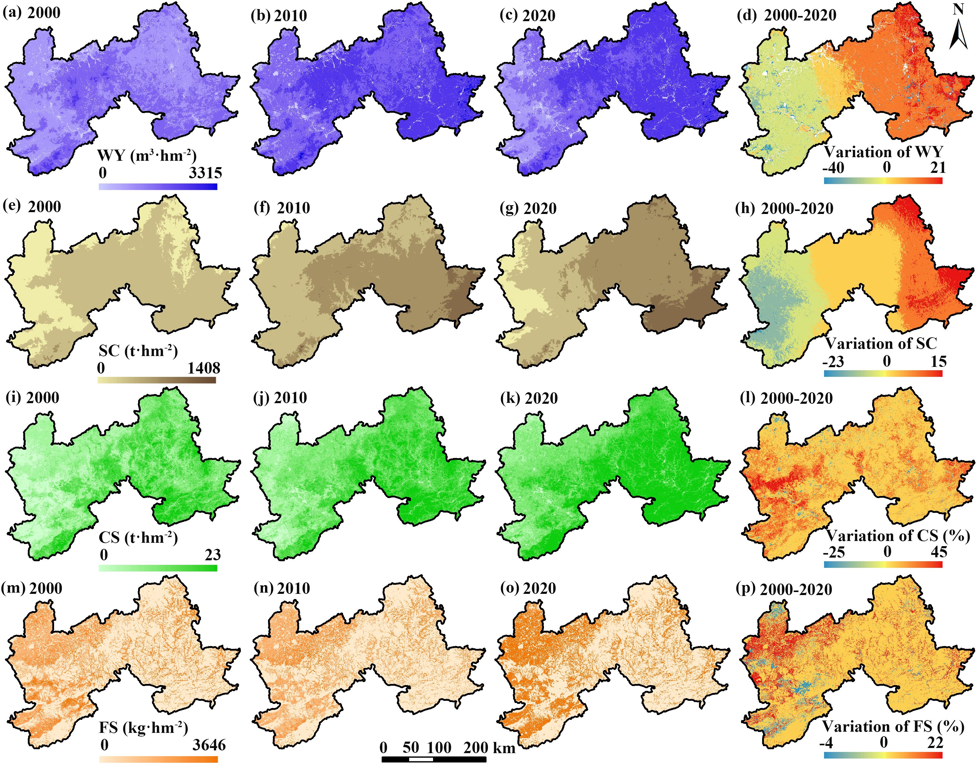 Multi-panel map showing spatial distributions and variations of four metrics over time: WY, SC, CS, and FS. Panels (a) to (c), (e) to (g), (i) to (k), and (m) to (o) depict changes in 2000, 2010, and 2020. Panels (d), (h), (l), and (p) illustrate variations from 2000 to 2020, with a color gradient for each metric. A scale bar indicates distances and a north arrow is present.