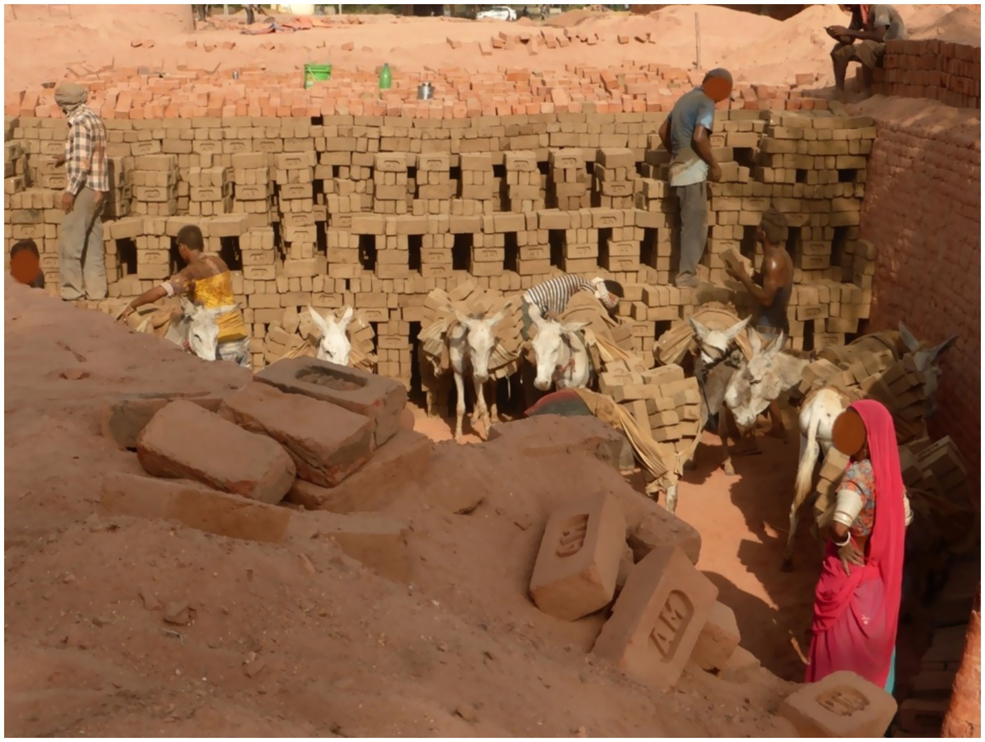 Laborers load bricks onto donkeys inside a brick kiln. Several people are carrying bricks, while the donkeys are loaded with stacks. A woman in a bright pink sari observes. The scene is set against a backdrop of stacked bricks and reddish soil.