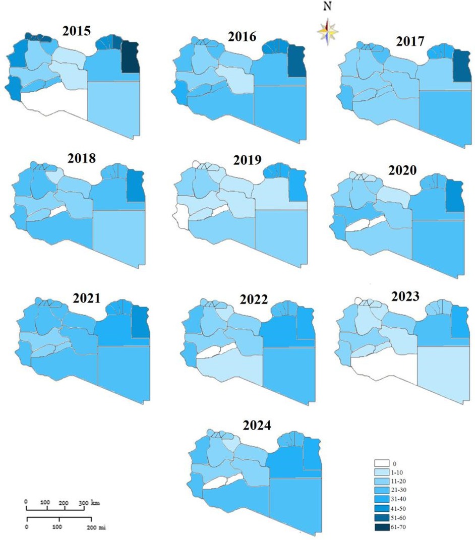 Maps of a country over ten years from 2015 to 2024, each labeled with a year. Regions are shaded in varying blue tones indicating values ranging from 0 to 70, as shown in a legend on the right. A compass rose is at the top, with a scale bar at the bottom.