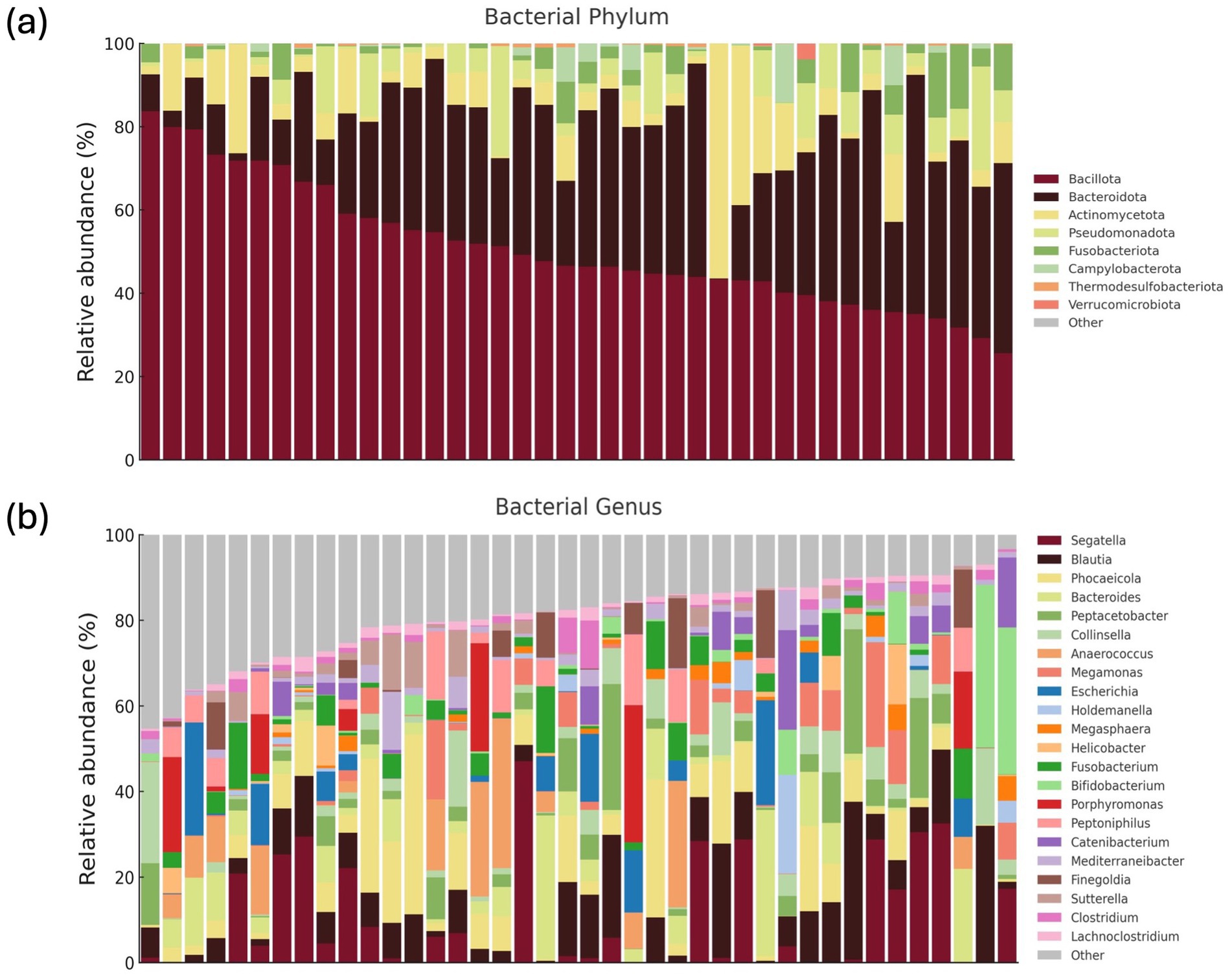 Stacked bar charts showing relative abundance percentages of bacteria by phylum and genus. The top chart,