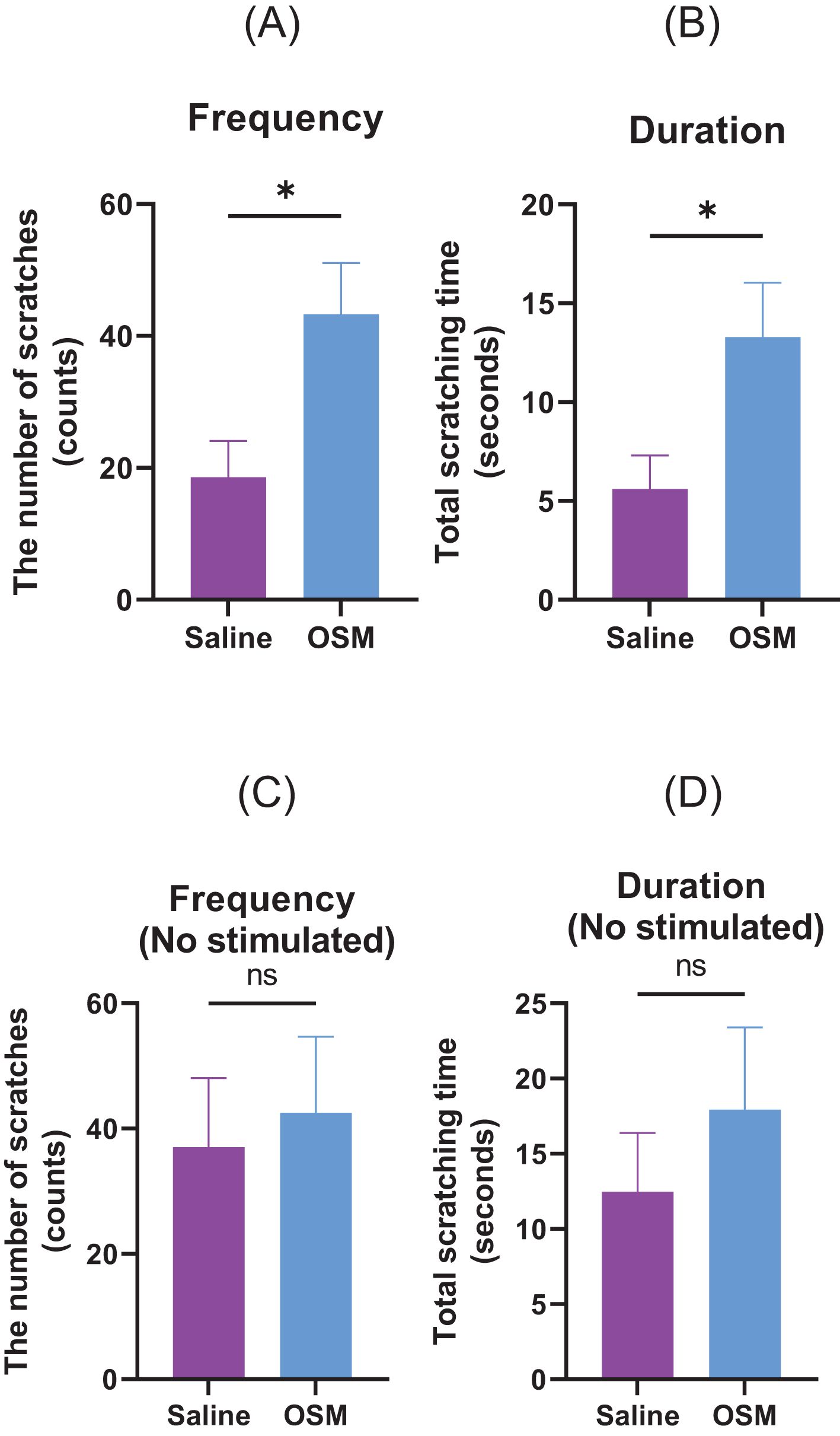 Bar graphs titled “Frequency” and “Duration” compare saline and OSM effects on scratching. Panels A and B show significant increases in scratching count and time with OSM. Panels C and D show no significant change in unstimulated conditions.