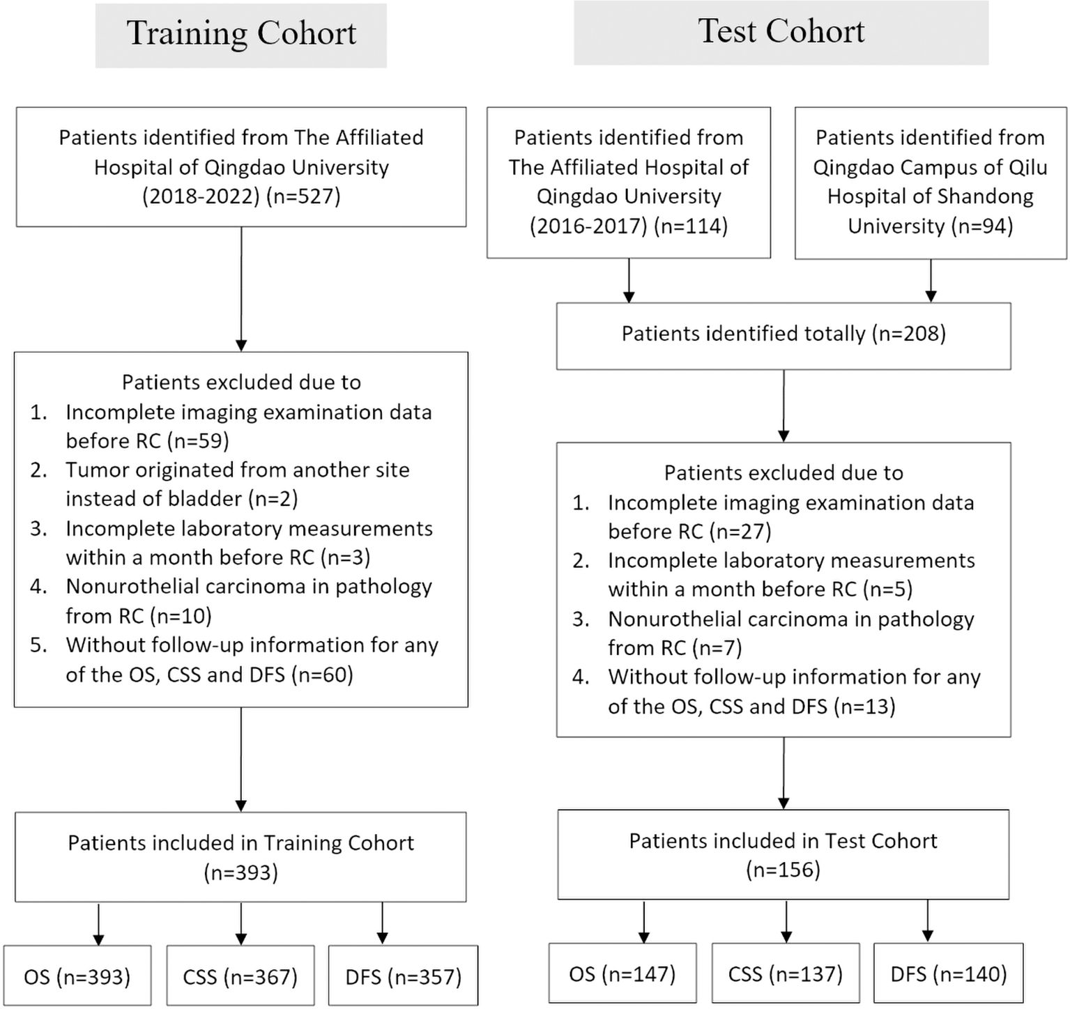 Flowchart depicting the selection process for training and testing cohorts in a study. The training cohort originates from The Affiliated Hospital of Qingdao University (2018-2022) with 527 patients, narrowing to 393 after exclusion criteria. The testing cohort combines patients from The Affiliated Hospital of Qingdao University (2016-2017) and Qingdao Campus of Qilu Hospital of Shandong University, initially 208 patients, reduced to 156 after exclusions. Exclusion criteria include incomplete data and specific cancer pathology. The cohorts are assessed for overall survival (OS), cancer-specific survival (CSS), and disease-free survival (DFS).