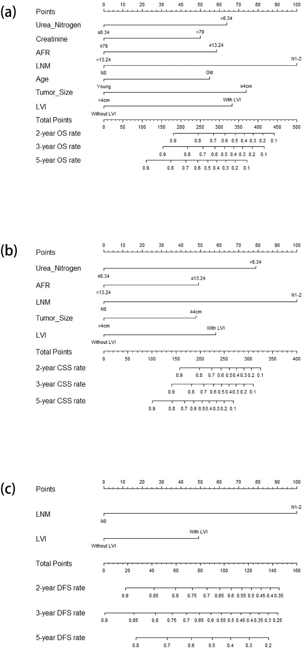 Three nomograms are shown for predicting cancer survival rates. (a) Predicts overall survival (OS) using variables: urea nitrogen, creatinine, AFR, lymph node metastasis (LNM), age, tumor size, and lymphovascular invasion (LVI); total points correlate with 2-, 3-, and 5-year OS rates. (b) Uses urea nitrogen, AFR, LNM, tumor size, and LVI for cancer-specific survival (CSS); total points correlate with 2-, 3-, and 5-year CSS rates. (c) Considers LNM and LVI for disease-free survival (DFS); total points correlate with 2-, 3-, and 5-year DFS rates. Each nomogram provides graphical scales for calculating the probabilities.