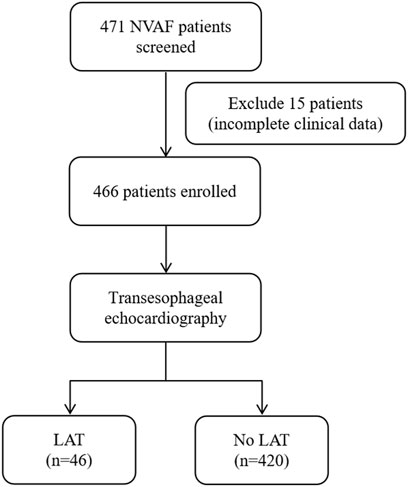 Flowchart showing patient screening and enrollment in a study. Out of 471 NVAF patients screened, 15 were excluded due to incomplete clinical data. 466 patients were enrolled for transesophageal echocardiography. Of these, 46 had LAT, and 420 did not.
