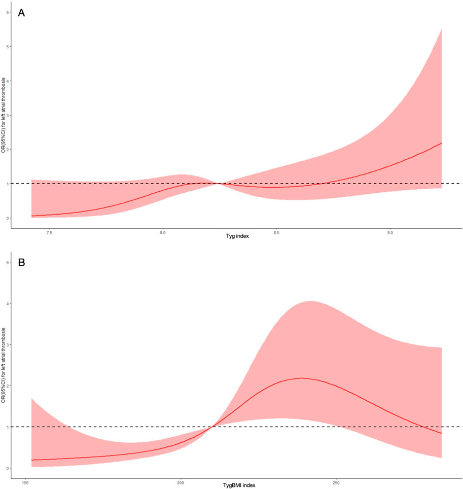 Two graphs illustrate the relationship between indices and cardiovascular risk. Graph A shows the correlation of Tyg index with cardiovascular risk, displaying a slight upward trend with increasing Tyg index. Graph B depicts the association of TygBMI index with cardiovascular risk, showing a more pronounced upward trend. Both graphs feature shaded areas representing confidence intervals around a solid line, with a horizontal dashed line indicating a baseline at an odds ratio of one.