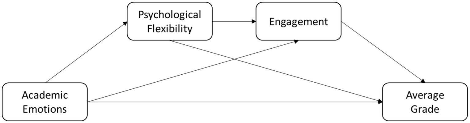 Flowchart illustrating relationships among four elements: Academic Emotions influence Psychological Flexibility and Engagement, Psychological Flexibility affects Engagement, and both Psychological Flexibility Engagement impacts Average Grade. Academic Emotions also directly affect Average Grade.