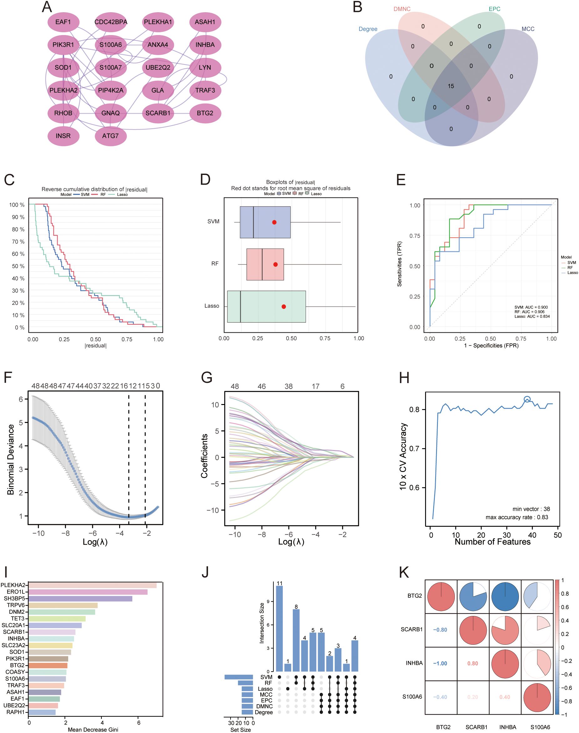 PPI networks and machine learning. (A) PPI network. Proteins are represented as nodes, and their interactions are depicted as edges. Shading of the node colour indicates the importance of the corresponding protein in the network. (B) Venn diagram illustrating the gene count overlap among MCC, Degree, EPC, and DMNC algorithms. (C) Reverse cumulative distribution plot for residuals. (D) Boxplots compare residuals across models: SVM, RF, Lasso, with red dots for RMS. (E) ROC curve for models, showing sensitivity versus specificity. (F) Plot of binomial deviances across varying lambda values. (G) Coefficient paths for various predictors over log(lambda). (H) Tenfold cross-validation with SVM-RFE used to identify the optimal feature subset. (I) RF algorithm for ranking feature importance based on average Gini index reduction. (J) Upset diagram plots illustrating the gene counts across LASSO, SVM, RF, MCC, Degree, EPC, and DMNC methods. (K) Correlation heatmap: used to identify correlations between four GDM with PE-related DE-AGs.