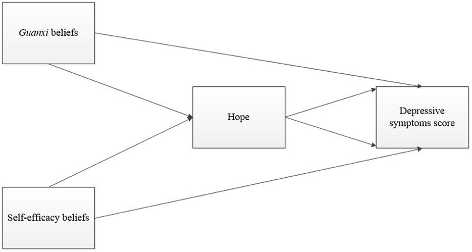 Flowchart depicting relationships between four concepts: Guanxi beliefs, self-efficacy beliefs, hope, and depressive symptoms score. Guanxi beliefs and self-efficacy beliefs both lead to hope and depressive symptoms score. Hope also leads to depressive symptoms score.