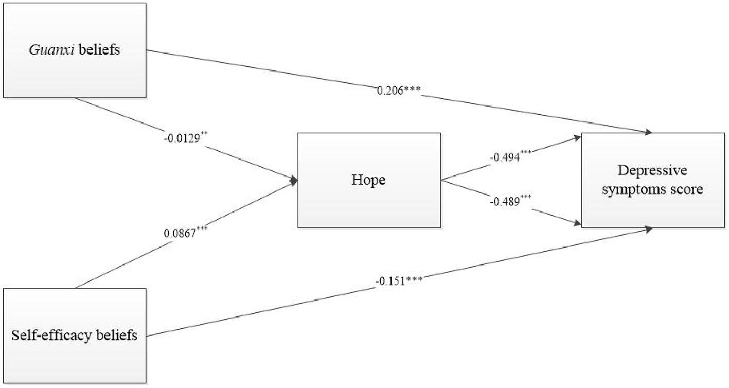 Flowchart depicting relationships between variables. “Guanxi beliefs” and “Self-efficacy beliefs” lead to “Hope,” influencing “Depressive symptoms score.” Paths show coefficients: Guanxi to Hope (-0.0129**), Self-efficacy to Hope (0.0867**), Hope to Depression (-0.494**), Guanxi directly to Depression (-0.206***), and Self-efficacy to Depression (-0.151***). Triangles indicate connections.
