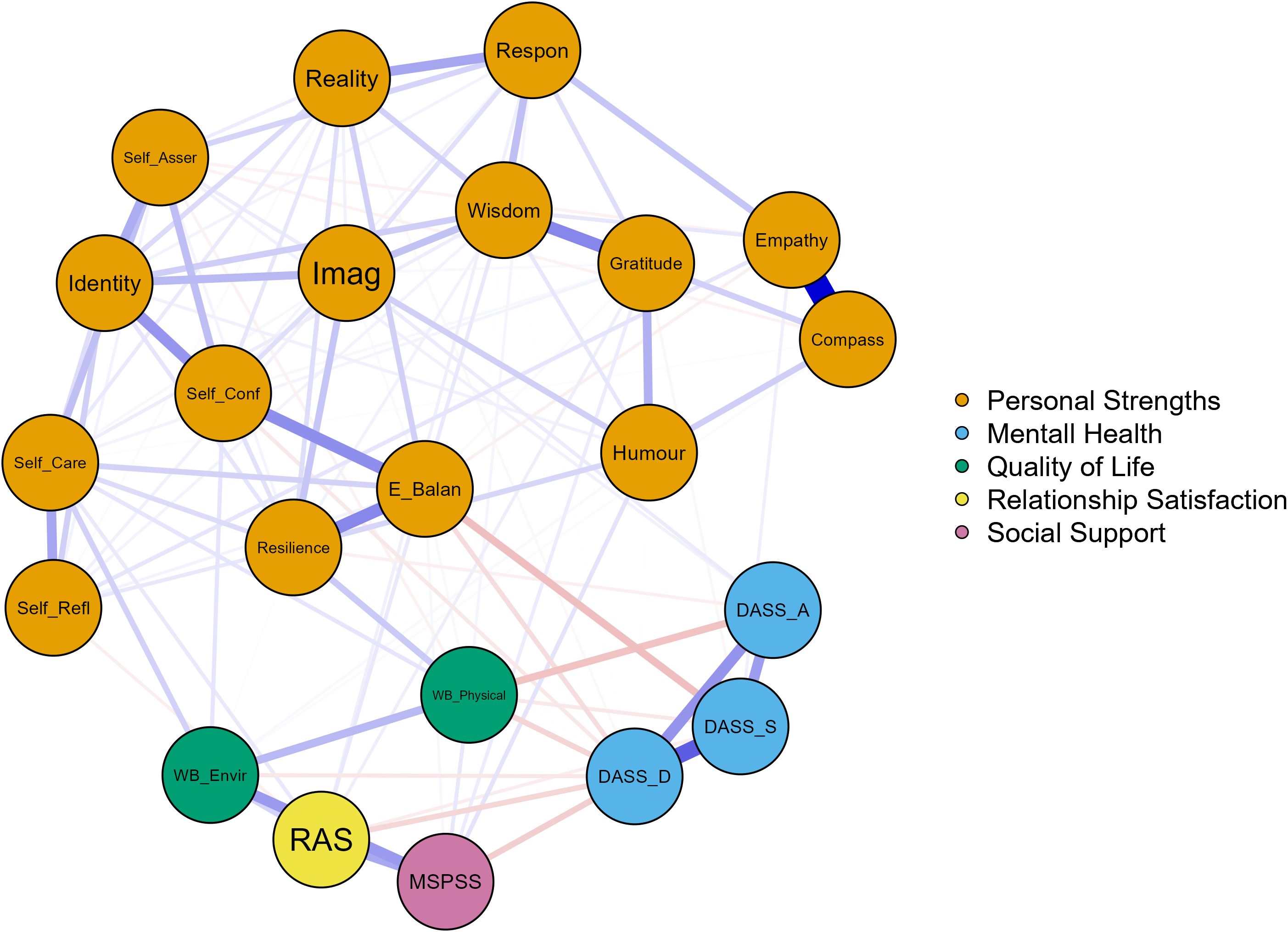Network diagram illustrating interconnected concepts, with nodes representing categories like Personal Strengths, Mental Health, Quality of Life, Relationship Satisfaction, and Social Support. Lines indicate relationships, with varying thicknesses. Each category is color-coded with yellow, blue, green, teal, and purple.