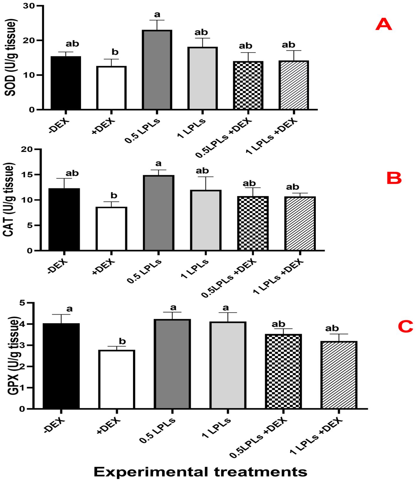 Bar charts illustrate enzyme levels in three panels labeled A, B, and C. Panel A shows SOD levels, Panel B shows CAT levels, and Panel C shows GPX levels across various treatment groups (-DEX, +DEX, 0.5 LPLs, 1 LPLs, 0.5 LPLs + DEX, 1 LPLs + DEX). Different letters above bars indicate statistical differences.