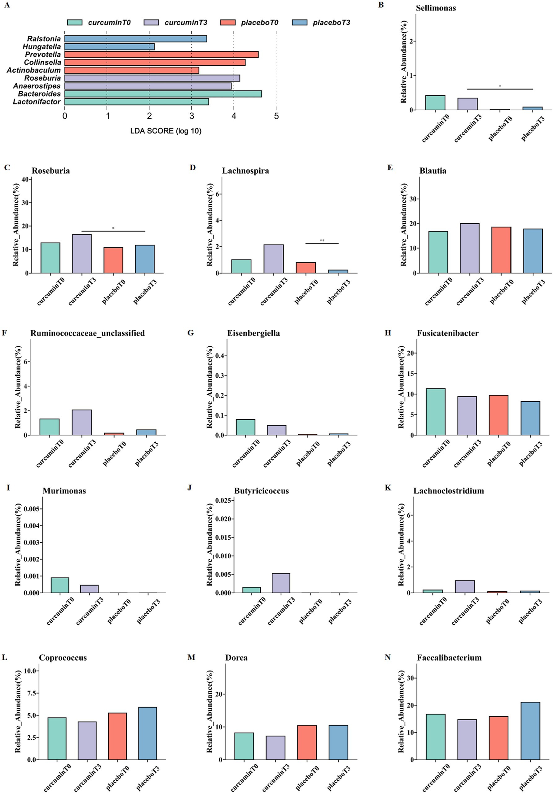 Bar charts displaying the relative abundance of different bacterial genera under various conditions: curcuminT0, curcuminT3, placeboT0, and placeboT3. Chart A shows a comparison of linear discriminant analysis (LDA) scores across multiple genera. Charts B to N depict specific genera, including Sellimonas, Roseburia, Lachnospira, Blautia, Ruminococcaceae_unclassified, Eisenbergiella, Fusciatenibacter, Murimonas, Butyricicoccus, Lachnoclostridium, Coprococcus, Dorea, and Faecalibacterium. Significant differences are marked with asterisks.