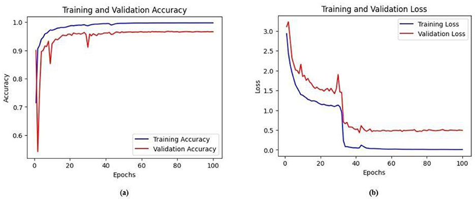 Two ROC curves evaluating model classification performance. (a) shows a curve with an AUC of 0.9950, indicating near-perfect classification. (b) shows a slightly lower AUC of 0.9797. Both plots depict true positive rate vs. false positive rate, with the ROC curves (orange) well above the diagonal baseline (dashed), indicating strong model performance.
