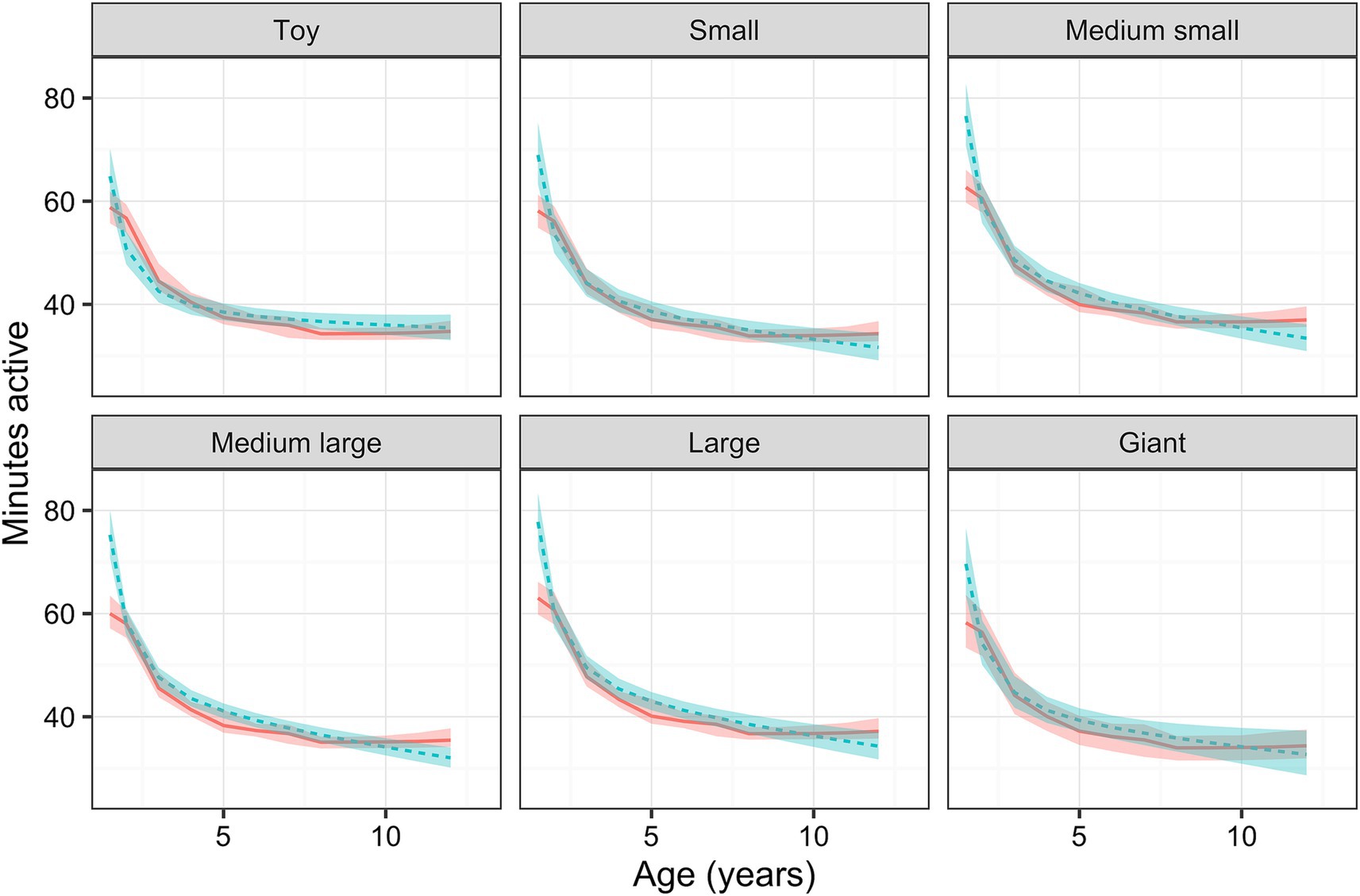 Six line graphs display minutes of activity versus age in years for various dog sizes: Toy, Small, Medium small, Medium large, Large, and Giant. All show a decreasing trend in activity with age. Dotted blue lines and shaded areas indicate variability.