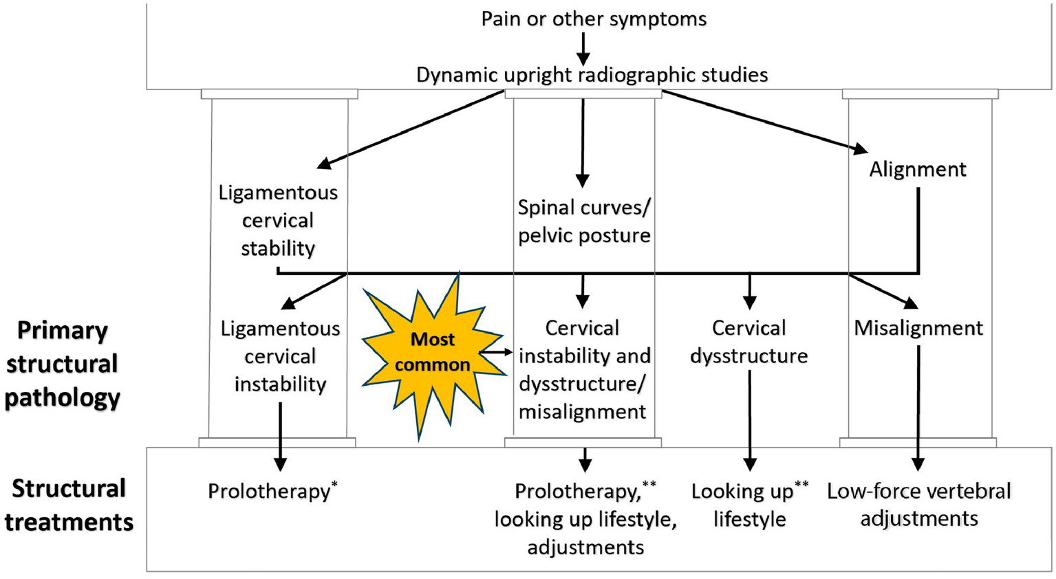 Flowchart illustrating the relationship between pain or symptoms, dynamic radiographic studies, and primary structural pathology. It shows ligamentous cervical stability and instability, cervical dysstructure, and misalignment as pathways. Treatments include prolotherapy, lifestyle adjustments, and low-force vertebral adjustments. The “Most common” issue is highlighted as cervical instability and dysstructure/misalignment.