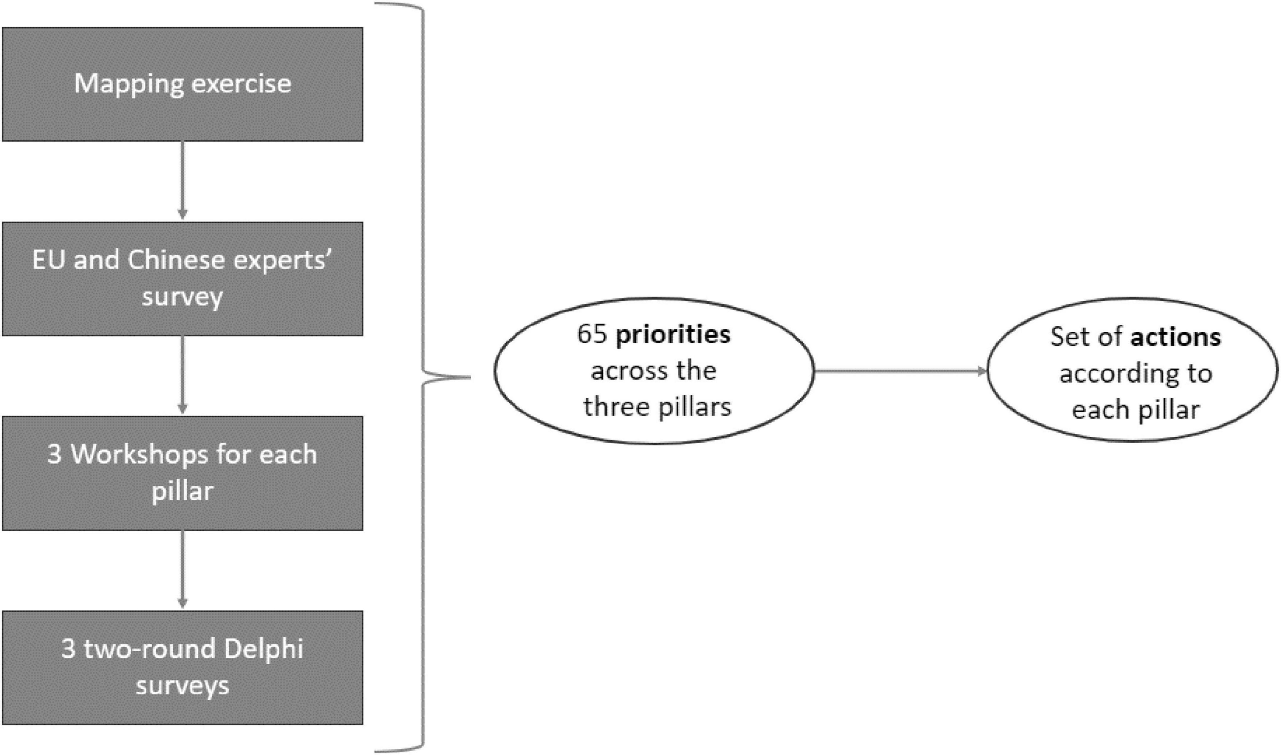 Flowchart outlining a process: Mapping exercise, EU and Chinese experts’ survey, three workshops for each pillar, three two-round Delphi surveys leading to 65 priorities across three pillars, resulting in a set of actions according to each pillar.