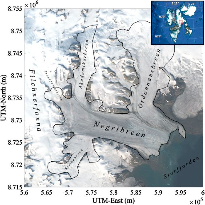 Overview of the Negribreen Glacier System with different geographical features, such as Negribreen, Ordonnansbreen, and Storfjorden labeled. This map displays the UTM coordinates for these features on the axes. The Negribreen Glacier System is located in the middle eastern region of Svalbard which is shown in a reference map in the top rightcorner.
