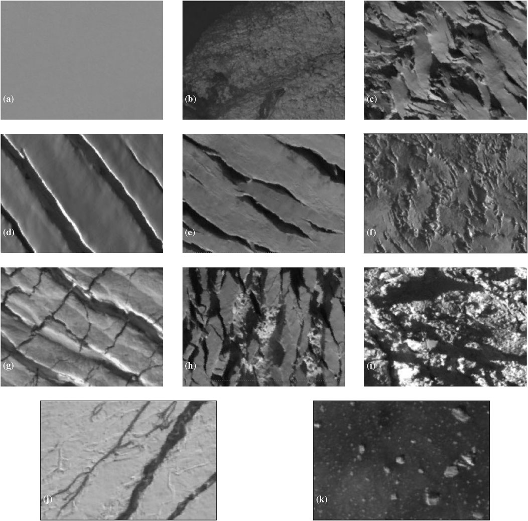 A series of eleven panchromatic images showing a complex variety of surface types. Image (a) shows an undisturbed homogenous scene with the rest of the imagery depicting more complex surface types. Images (b) through (k) depict varying structurally based patterns with images (c), (h), and (i) depicting the most complex structural patterns. Images (j) and (k) show instances where there is both water and ice in a single image, with (j) showing streams of water flowing over the glacier where (k) shows a scene of broken off ice floating in water.
