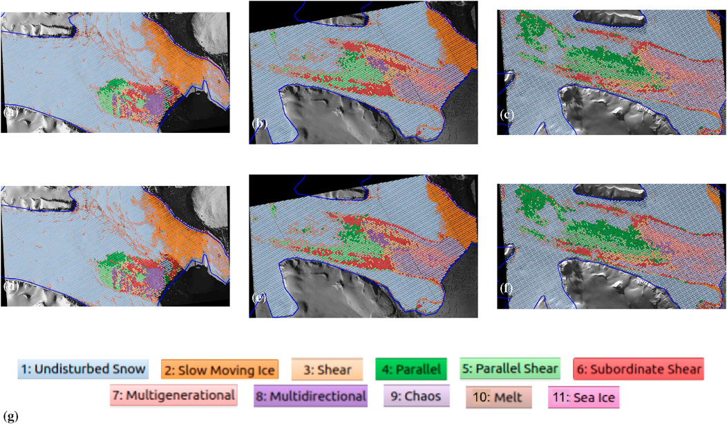 Six satellite images showing three different phases of the Negribreen Glacier System with the complexity of the glacier increasing left to right. Each satellite image is overlaid by colorful overlays inside the region marked by blue, the legend that represents what colors signify which class is shown below the images. The extent of the crevassed or colorful region increases from left to right.