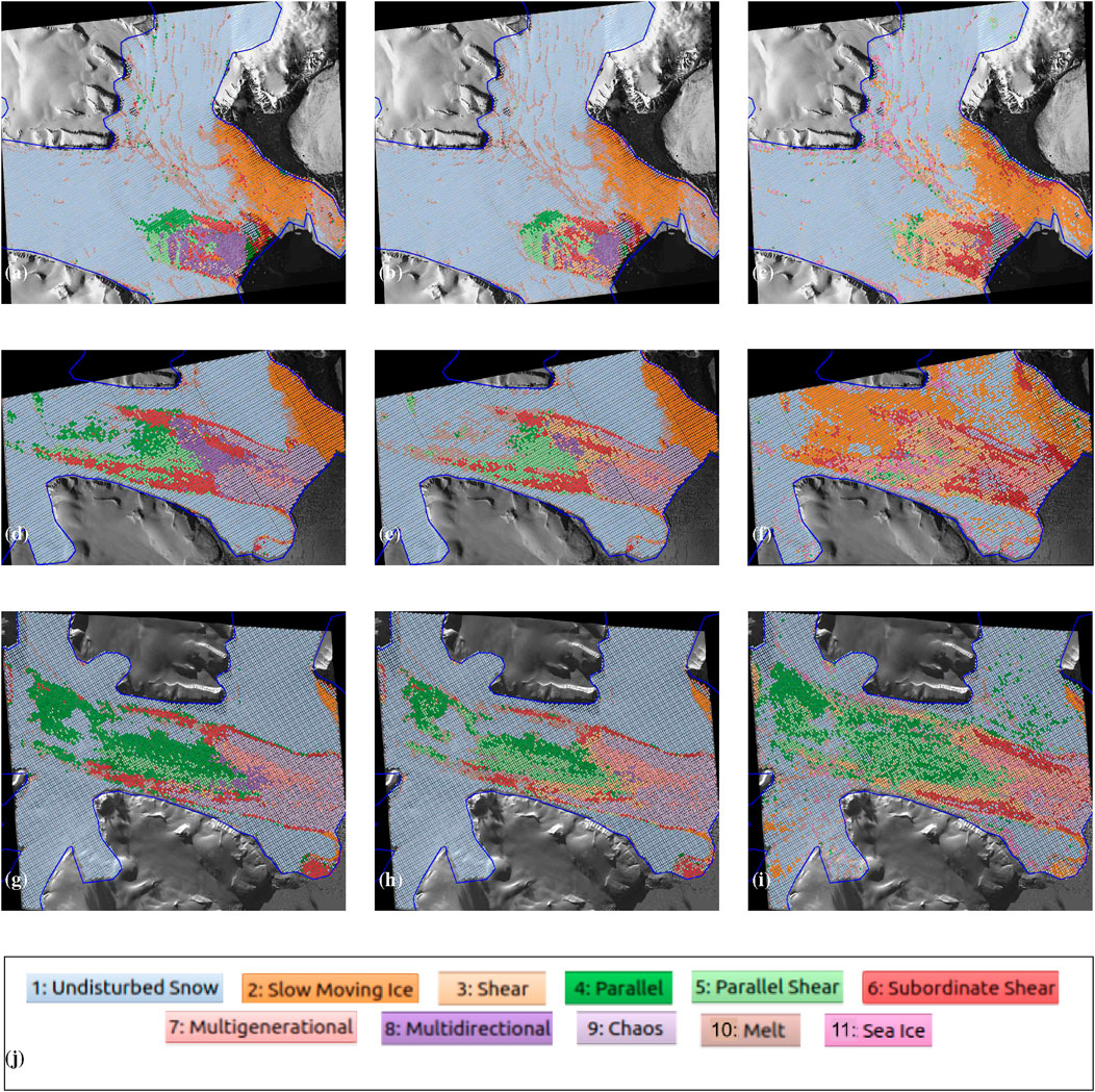 Nine satellite images showing three different phases of the Negribreen Glacier System with the complexity of the glacier increasing left to right. Each satellite image is overlaid by colorful overlays inside the region marked by blue, the legend that represents which colors signify which class is shown below the images. The extent of the crevassed or colorful region increases from left to right. The left, middle, and right columns all show different spatial distribution of colors or classes, with the left and middle having the most commonalities.