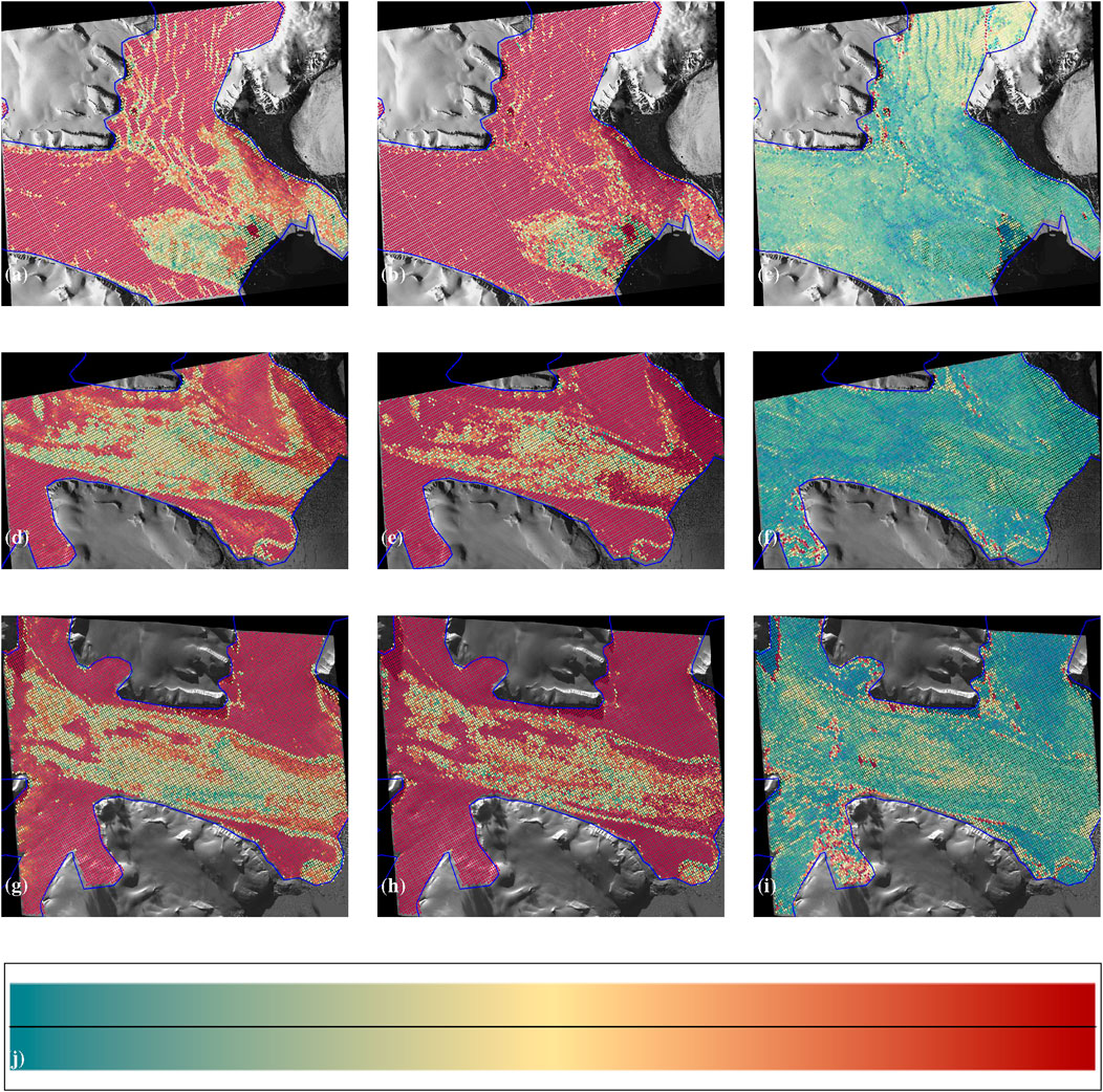 Nine satellite images showing three different phases of the Negribreen Glacier System with the complexity of the glacier increasing left to right. Each satellite image is overlaid by colorful overlays inside the region marked by blue, the legend, located below the images, shows reddish colors signifying high confidence with blue and green colors representing low confidence. The left, middle, and right columns all show different spatial distribution of colors, with the left and middle having the most commonalities. The left and middle columnsare predominantly red with the right column being predominantly blue and green.