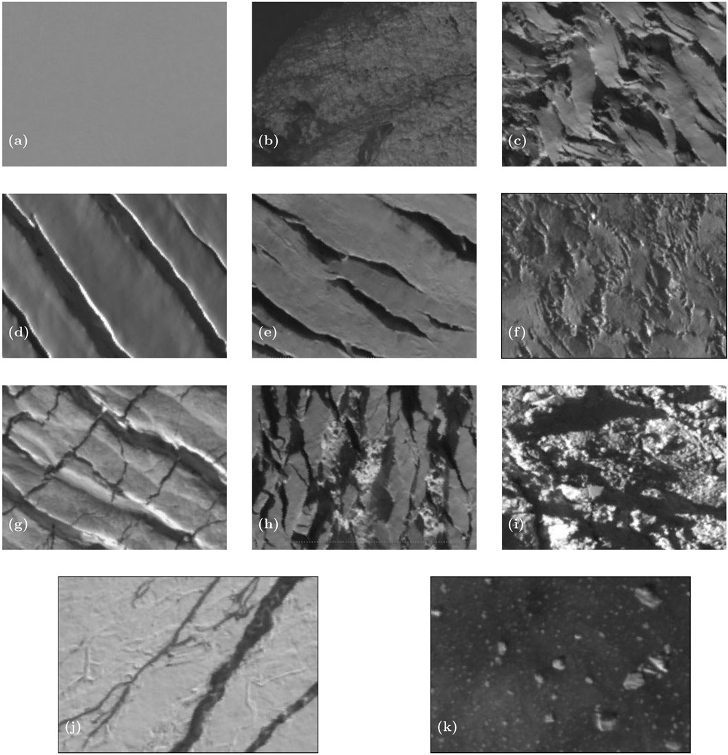 A series of eleven panchromatic images showing a complex variety of surface types. Image (a) shows an undisturbed homogenous scene with the rest of the imagery depicting more complex surface types. Images (b) through (k) depict varying structurally based patterns with images (c), (h), and (i) depicting the most complex structural patterns. Images (j) and (k) show instances where there is both water and ice in a single image, with (j) showing streams of water flowing over the glacier where (k) shows a scene of broken off ice floating in water.