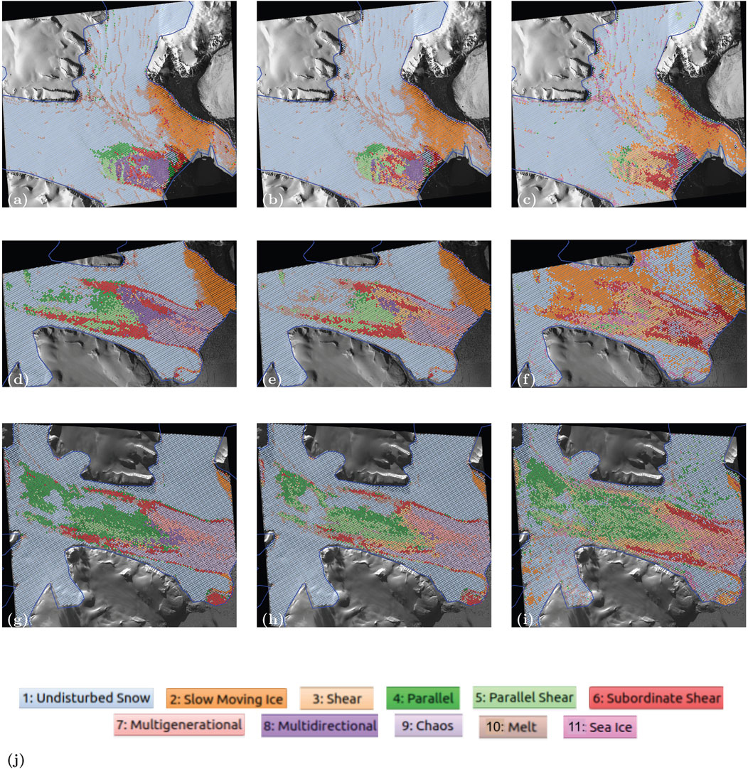 Nine satellite images showing three different phases of the Negribreen Glacier System with the complexity of the glacier increasing left to right. Each satellite image is overlaid by colorful overlays inside the region marked by blue, the legend that represents which colors signify which class is shown below the images. The extent of the crevassed or colorful region increases from left to right. The left, middle, and right columns all show different spatial distribution of colors or classes, with the left and middle having the most commonalities.