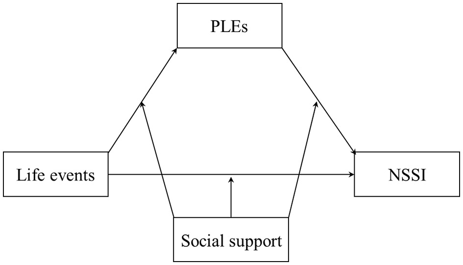 Flowchart illustrating the relationships among life events, psychotic-like experiences (PLEs), and non-suicidal self-injury (NSSI). Social support moderates the path from life events to PLEs, from life events to NSSI, and from PLEs to NSSI. Arrows indicate the direction of influence between variables, reflecting a moderated mediation model.
