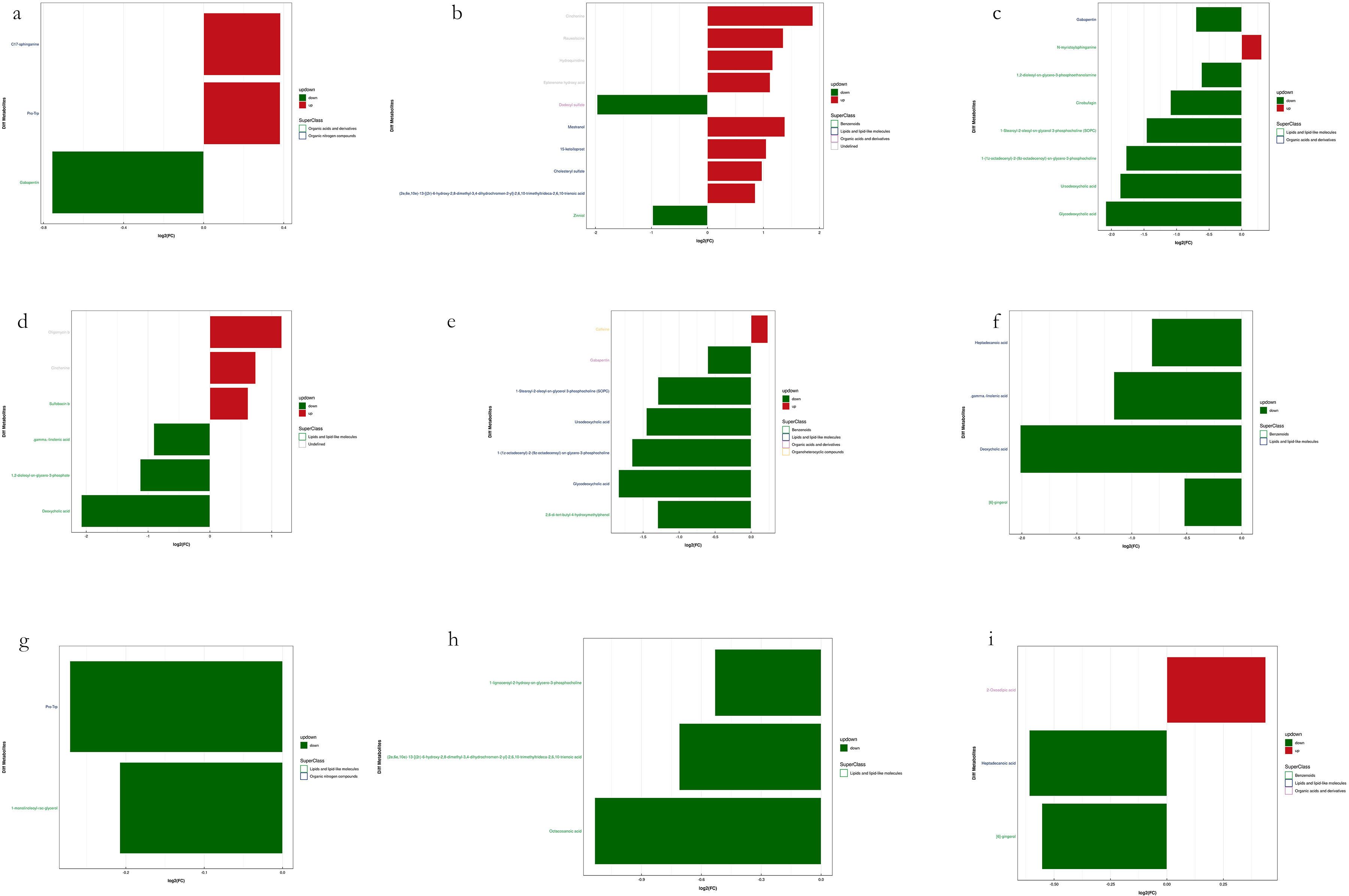 Nine panel bar charts (a to i) display logFC values for enriched KEGG pathways, with red and green bars indicating differing directions. Each chart compares KEGG terms across datasets, highlighting super classes and their metabolic functions.