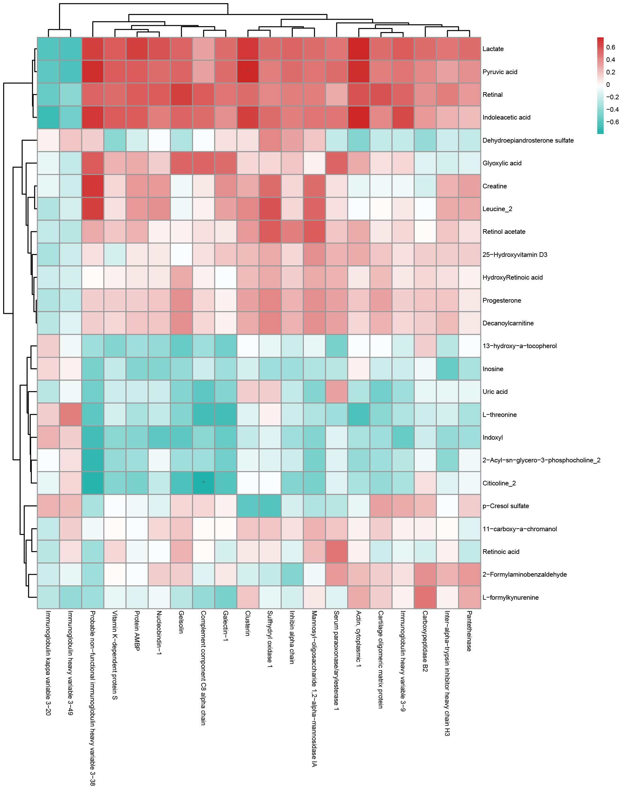 Heatmap displaying correlation values of various substances. Rows represent substances like lactate and pyruvic acid, while columns represent proteins, such as collagen and serpin A1. Red indicates positive correlations, blue indicates negative, and white represents neutral values. Dendrograms on axes show clustering.