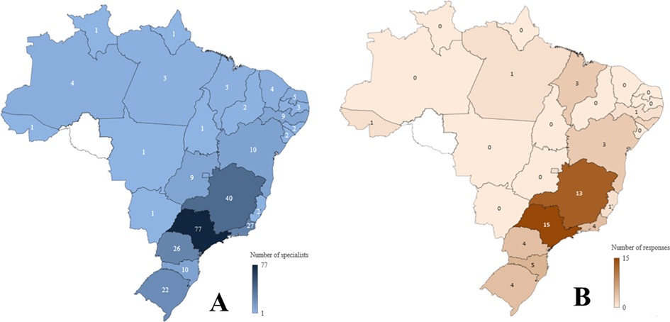 Map of Brazil in two parts labeled A and B, showing the distribution of specialists and responses. Part A uses shades of blue to indicate numbers of specialists, with darker regions having more specialists. Part B uses shades of brown to indicate the number of responses, with darker regions having more responses. Each state has a numerical label indicating the count.