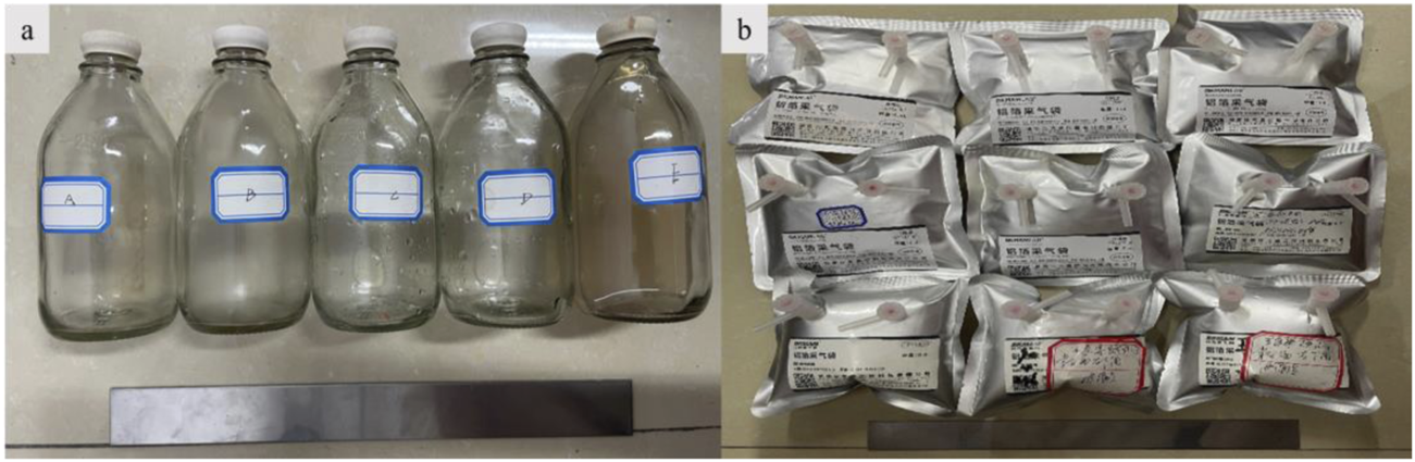 Panel a shows five glass bottles with white caps, each labeled with a letter from A to E. Panel b displays twelve silver foil pouches with labels and plastic spouts.