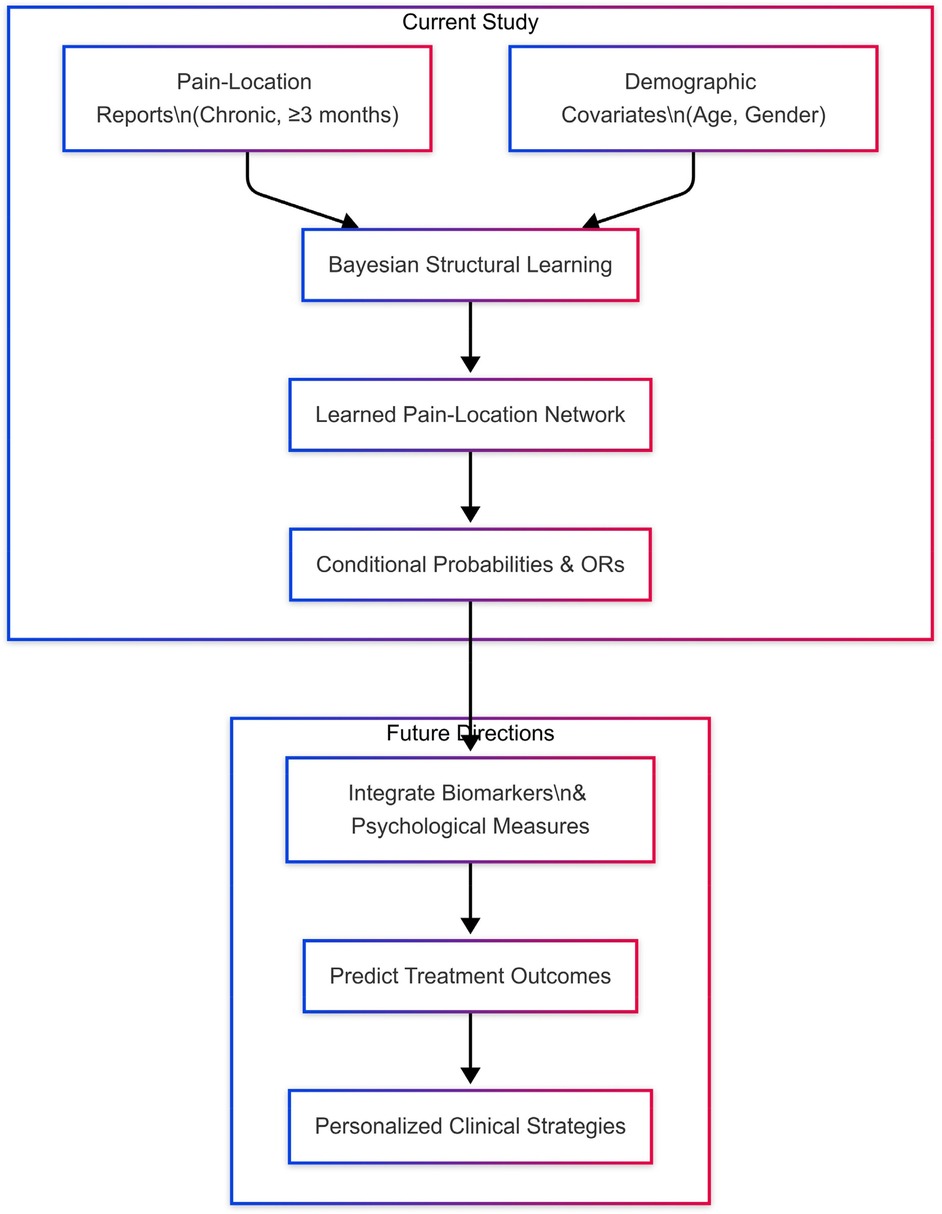 Flowchart outlining a study pipeline for chronic pain research. The current study integrates chronic pain-location reports and demographic covariates using Bayesian structural learning to construct a pain-location network, yielding conditional probabilities and odds ratios. Future directions include incorporating biomarkers and psychological measures to predict treatment outcomes and develop personalized clinical strategies.
