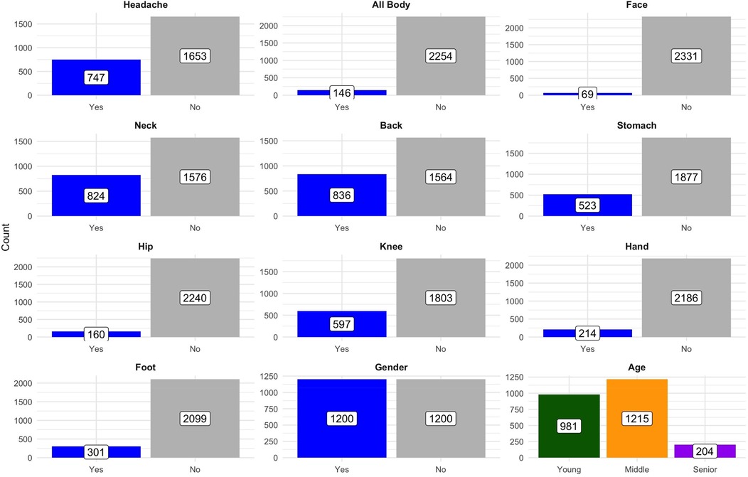 Grid of bar charts displaying counts of chronic pain reports by body region, gender, and age group. Each chart compares