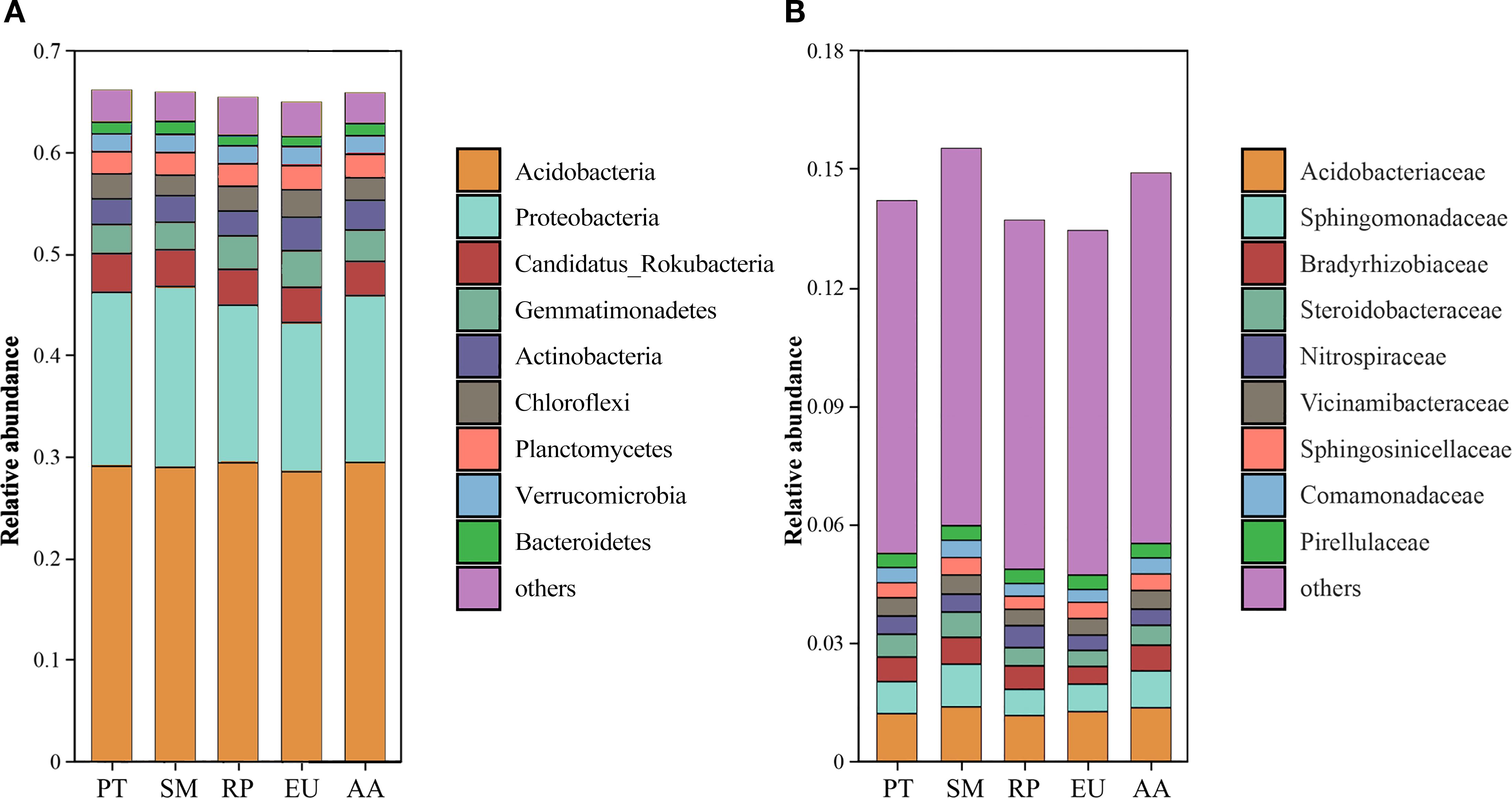Bar charts showing relative abundance of bacterial groups. Chart A displays various phyla like Acidobacteria and Proteobacteria across samples PT, SM, RP, EU, AA. Chart B shows families such as Acidobacteriaceae and Sphingomonadaceae across the same samples. Each group is color-coded, with a legend provided.