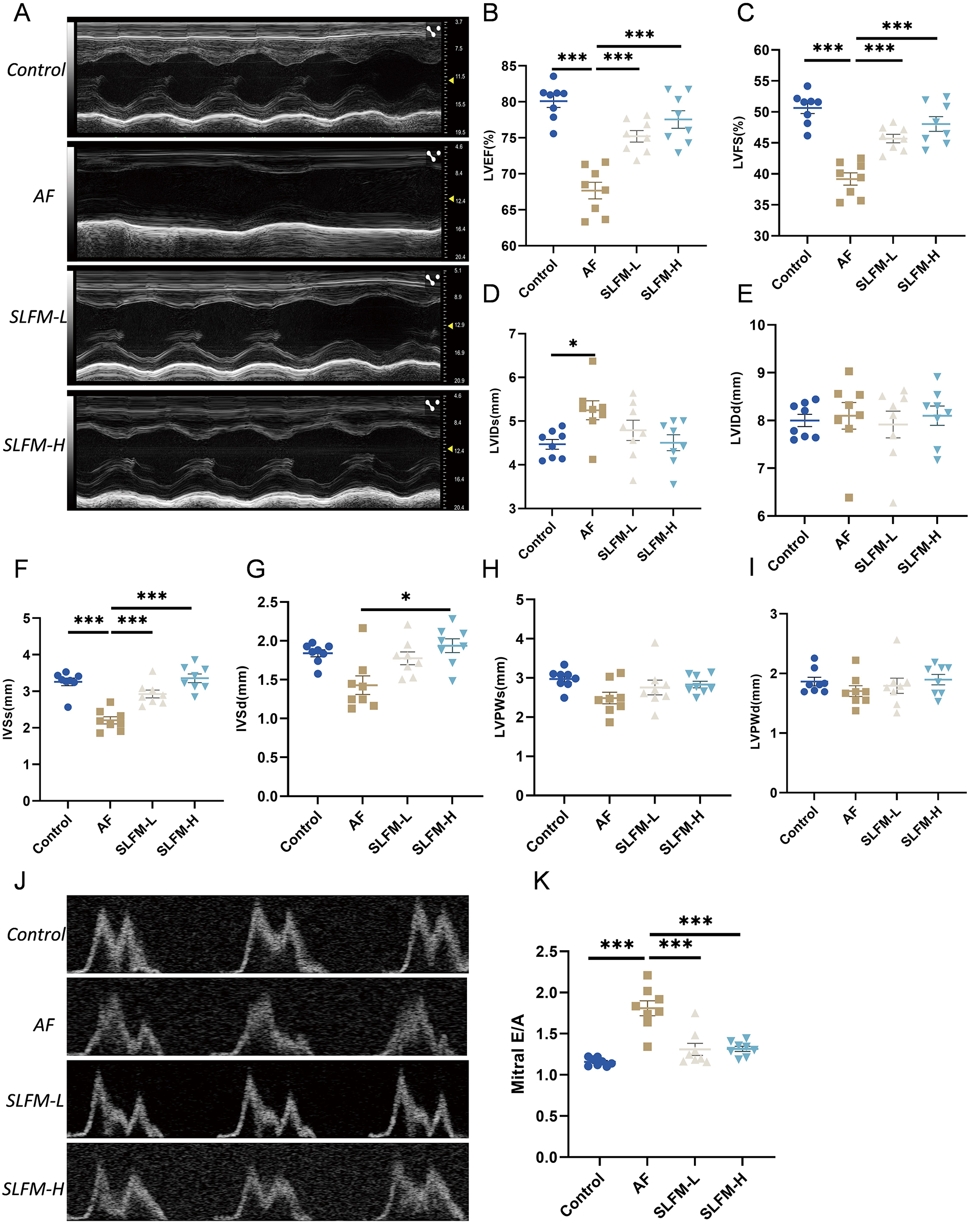 Sequential ultrasound images display heart function comparisons among four groups: Control, AF, SLFM-L, and SLFM-H. Graphs B to K show measurements such as LVEF, LVFS, and LV dimensions, with significant differences marked by asterisks. Panel J includes mitral E/A Doppler traces, further analyzed in graph K.