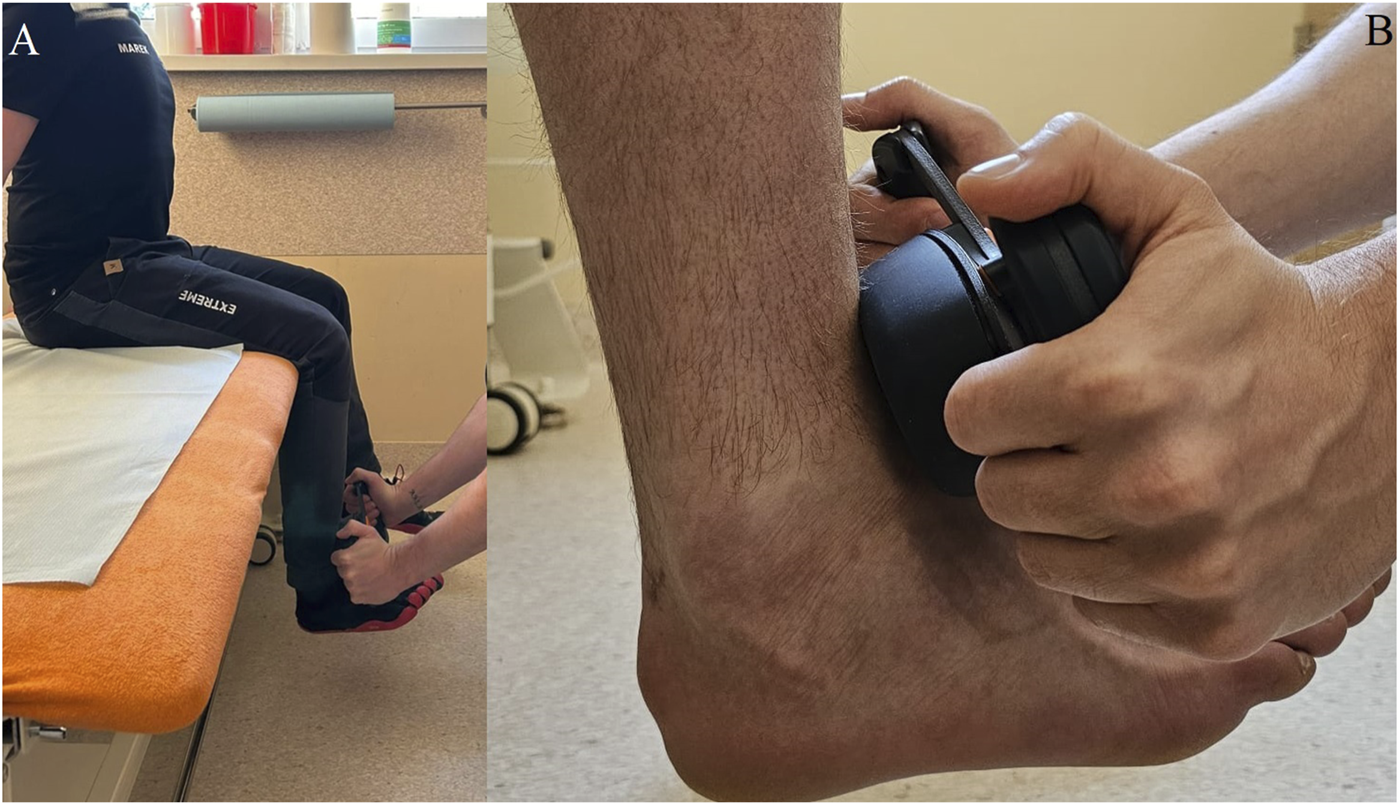 Panel A shows a person sitting on an examination table with another person placing the measurement device on their lower limb.