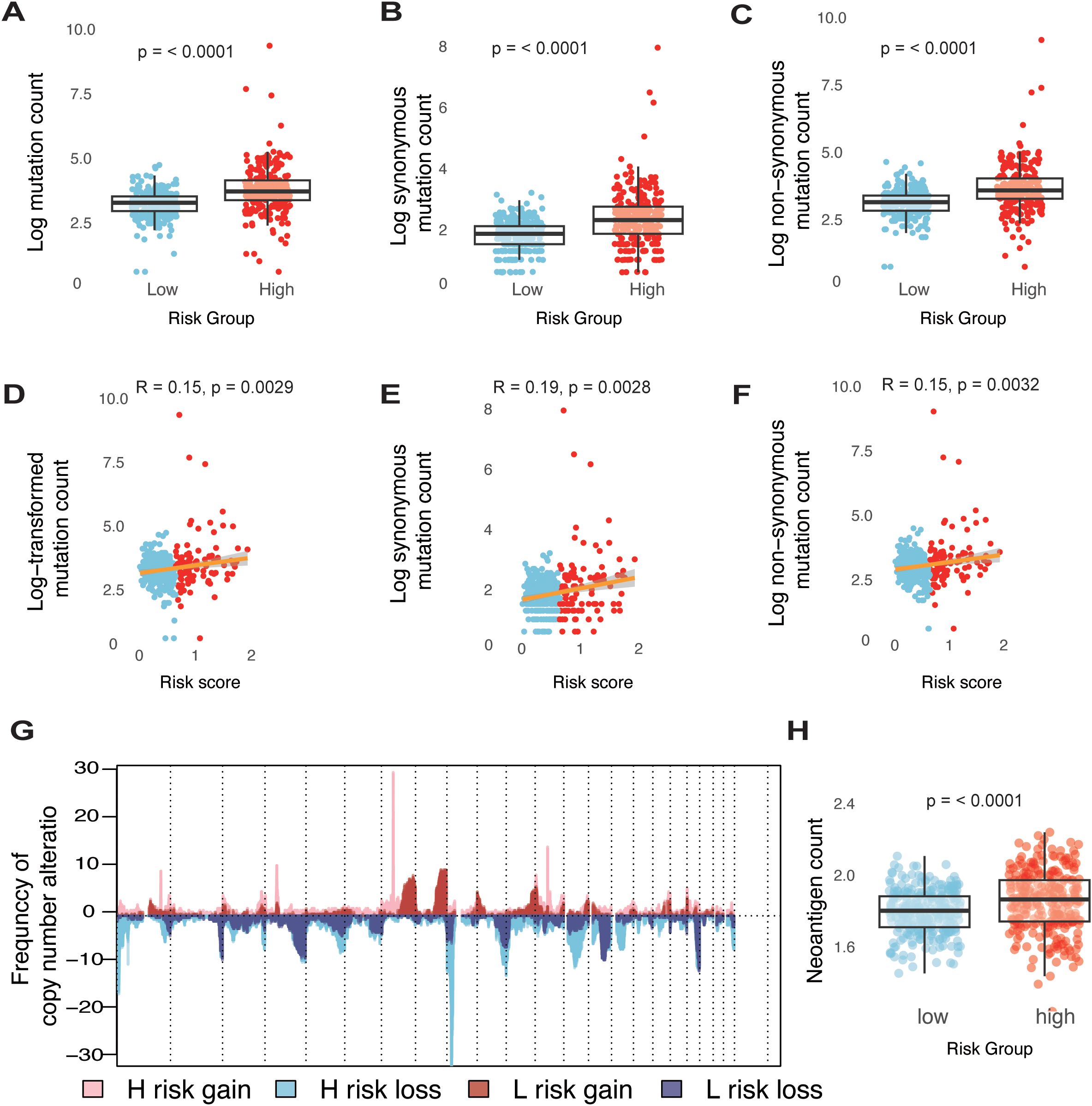 Charts A to F compare mutation counts against risk groups and scores, showing higher counts in the high-risk group with significant p-values. Chart G displays frequency of copy number alterations with color-coded gains and losses in high- and low-risk groups. Chart H depicts neoantigen counts for low and high risk groups, indicating higher counts in the high-risk group with a significant p-value.