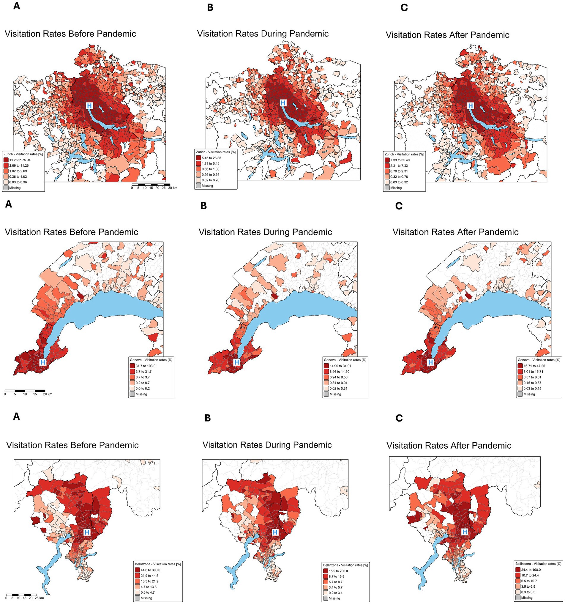 Map series showing visitation rates before, during, and after the pandemic across di!erent regions. Each map indicates varying levels of visitation with color gradients ranging from light orange to dark red, representing increasing visitation rates. Prominent landmarks labeled with an “H” denote hospitals. The maps are divided into regions illustrating changes over time in three separate geographic areas. Top: Zurich; Middle: Geneva; Bottom: Bellinzona.