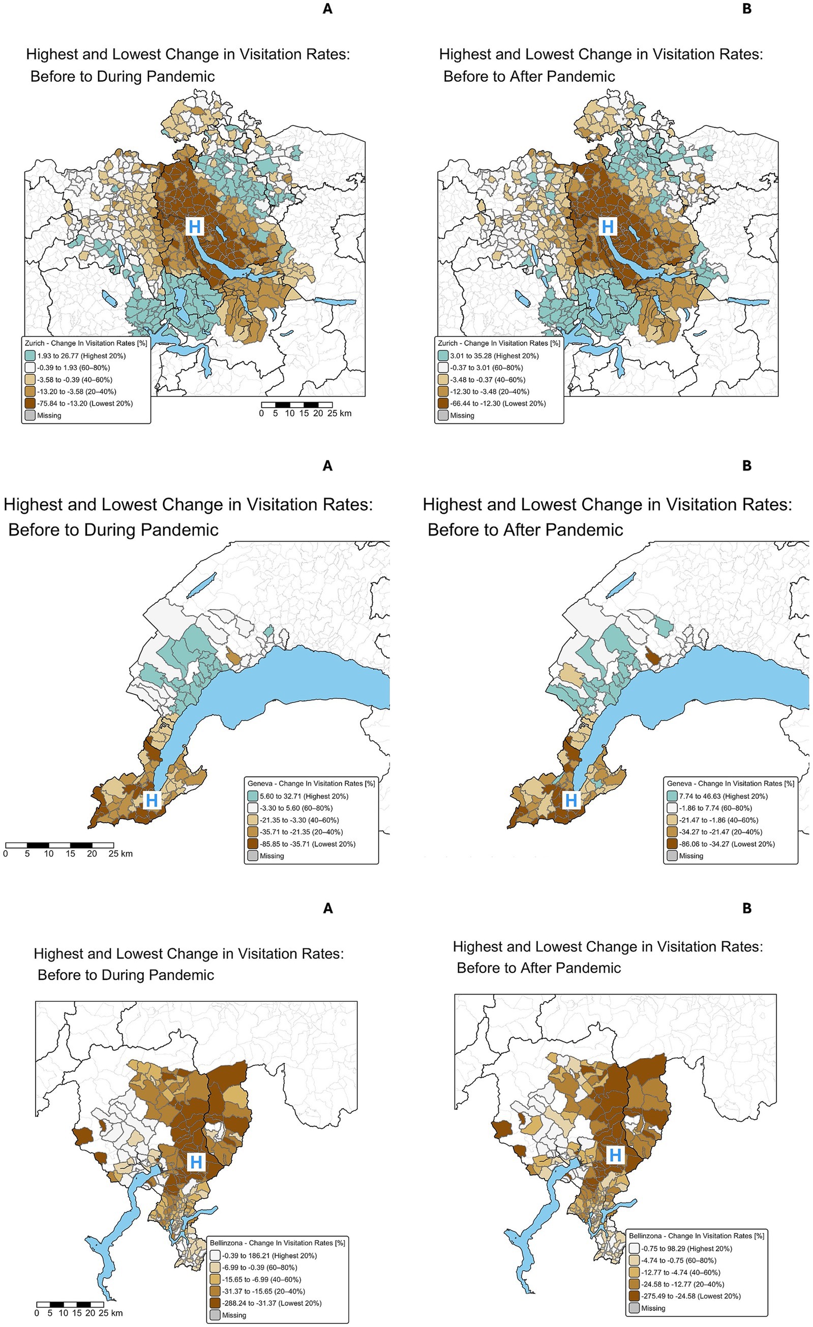 Maps showing changes in visitation rates before, during, and after the pandemic for Zurich, Geneva, and Bellinzona. Each map highlights the highest and lowest visitation changes, using color gradients from blue to brown, with hospitals marked by an
