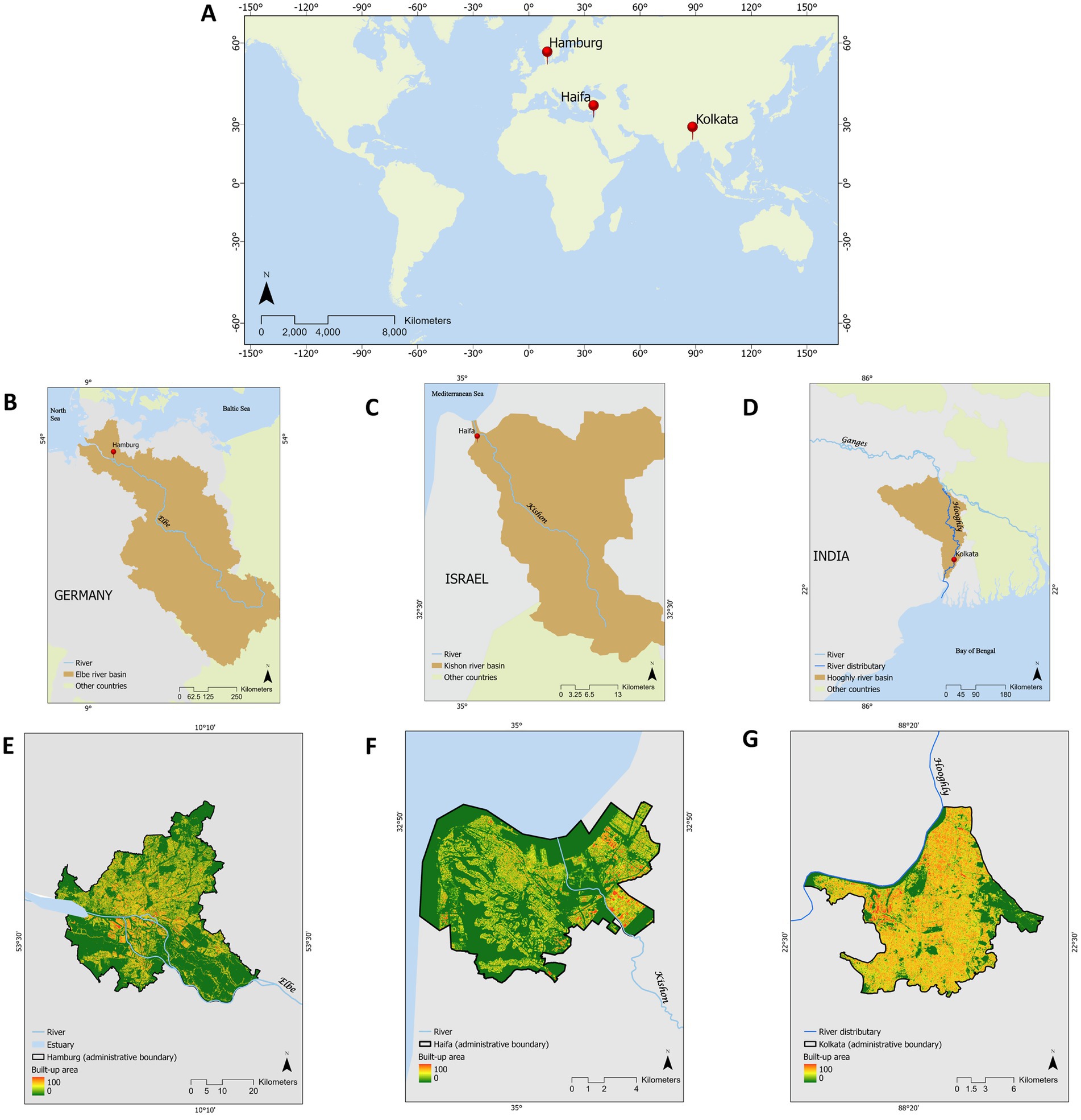 Map series showing locations and urban areas. A: World map with Hamburg, Haifa, and Kolkata marked. B: Hamburg region with Elbe River basin. C: Haifa region with Kishon River basin. D: Kolkata region with Hooghly River distributary. E: Hamburg urban area in yellow and red. F: Haifa urban area highlighted similarly. G: Kolkata urban area also in yellow and red. Each map panel includes rivers and administrative boundaries.