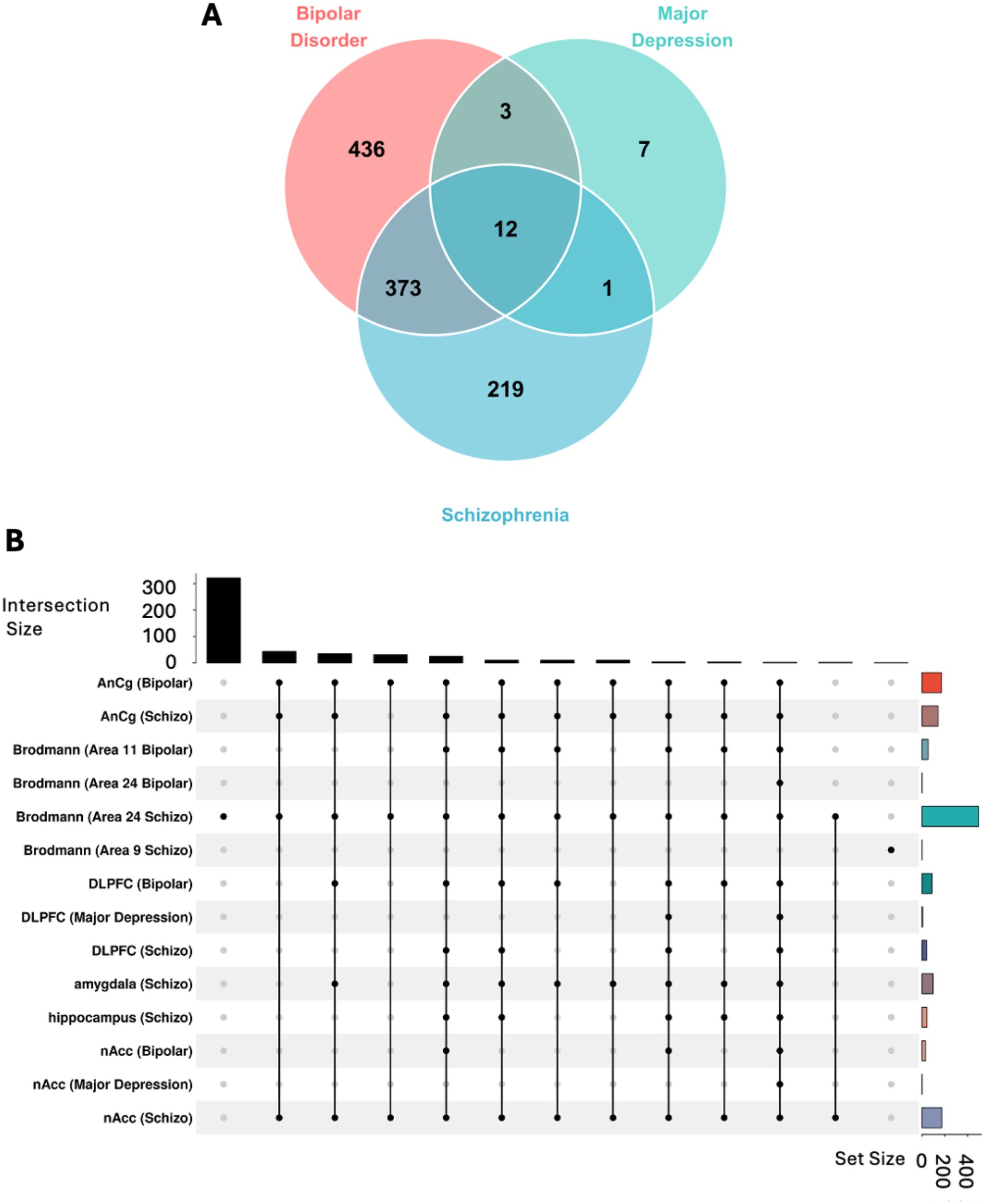 A Venn diagram and bar chart illustrate gene intersection among bipolar disorder, major depression, and schizophrenia. The Venn diagram shows distinct and overlapping gene counts: 436 unique to bipolar, 219 to schizophrenia, and 7 to major depression, with 12 common to all. The bar chart details intersection sizes across various brain regions and mental disorders, with bipolar disorders predominantly noted in AnCg and Brodmann areas, schizophrenia in the amygdala and hippocampus, and some regions shared across disorders.