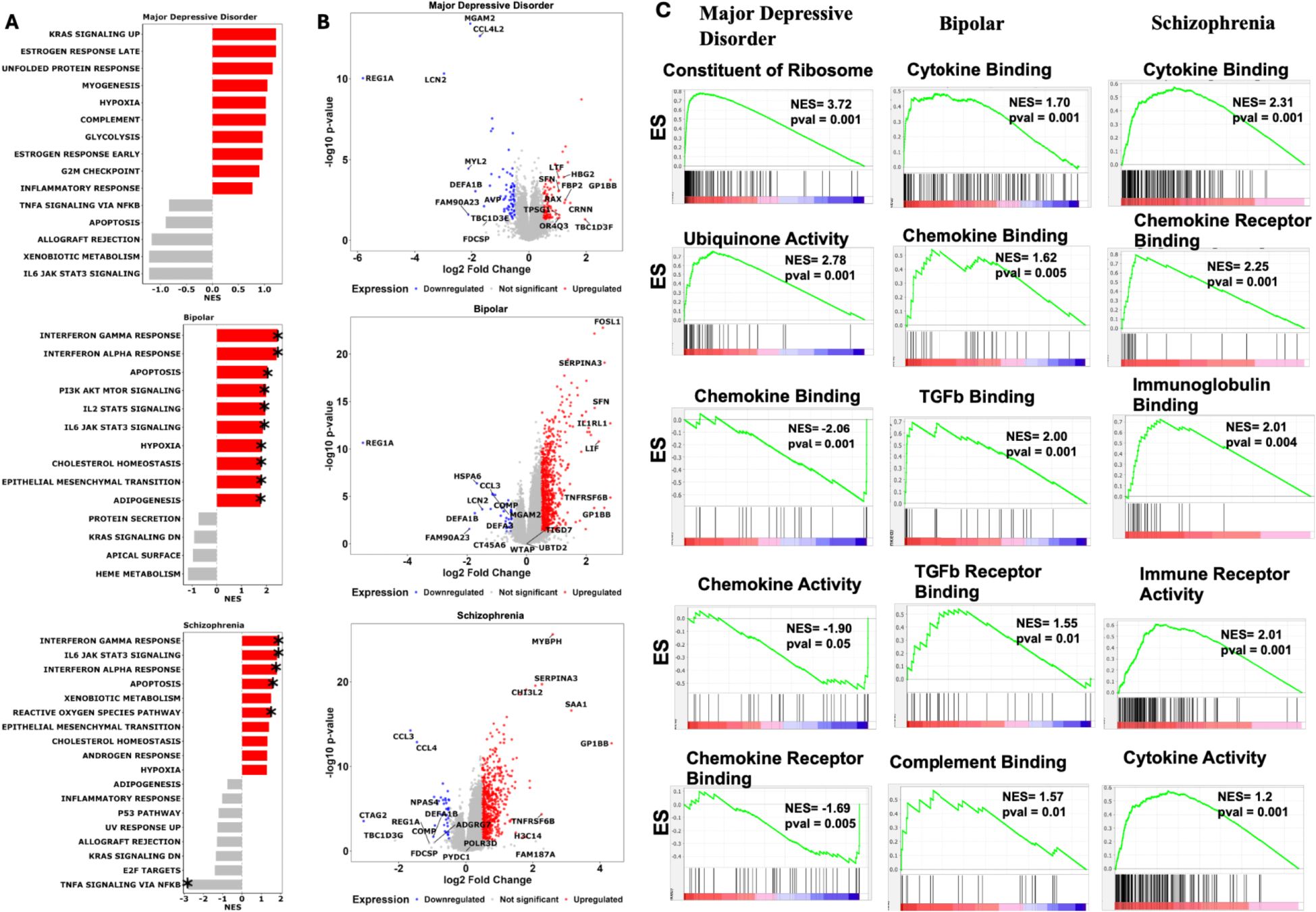 The image contains three panels labeled A, B, and C, illustrating gene expression data related to major depressive disorder, bipolar disorder, and schizophrenia. Panel A features bar charts for each disorder highlighting significant gene sets. Panel B displays scatter plots illustrating log fold change versus statistical significance for the same disorders. Panel C presents enrichment plots for different biological pathways, comparing normalized enrichment scores (NES) and p-values for each condition.