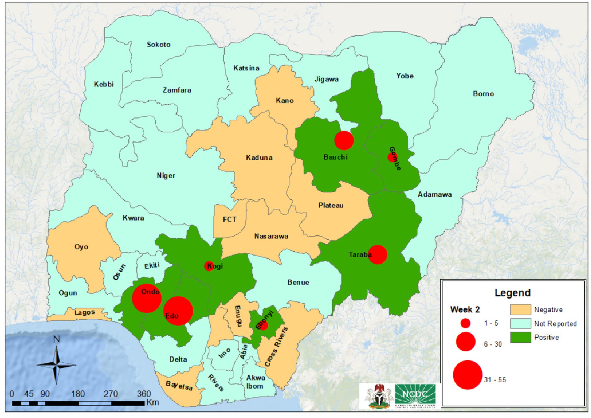 Map of Nigeria showing disease reporting by state in week two(between 6-12th January 2025). States are colored by status: orange for negative, light blue for not reported, and green for positive. Red circles indicate the number of cases, with larger circles representing higher numbers: 1-5, 6-30, and 31-55 cases. States with reported cases include Ondo, Edo, Bauchi, Gombe, and Taraba. A legend clarifies the color and circle size meanings. A scale and compass for orientation are included.