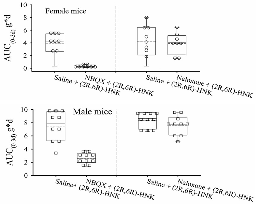 Two box plots compare area under the curve (AUC0-3d) values for mechanical allodynia in female and male mice treated with (2R,6R)-hydroxynorketamine (HNK) in combination with saline, NBQX, or naloxone. In female mice (top), NBQX co-administration markedly reduces AUC, indicating a blockade of HNK's antiallodynic effect, while naloxone shows no such reduction. In male mice (bottom), a similar pattern is observed with reduced AUC in the NBQX group and unchanged values with naloxone. Data points are overlaid on each box, and all conditions contain 8-10 mice per group.