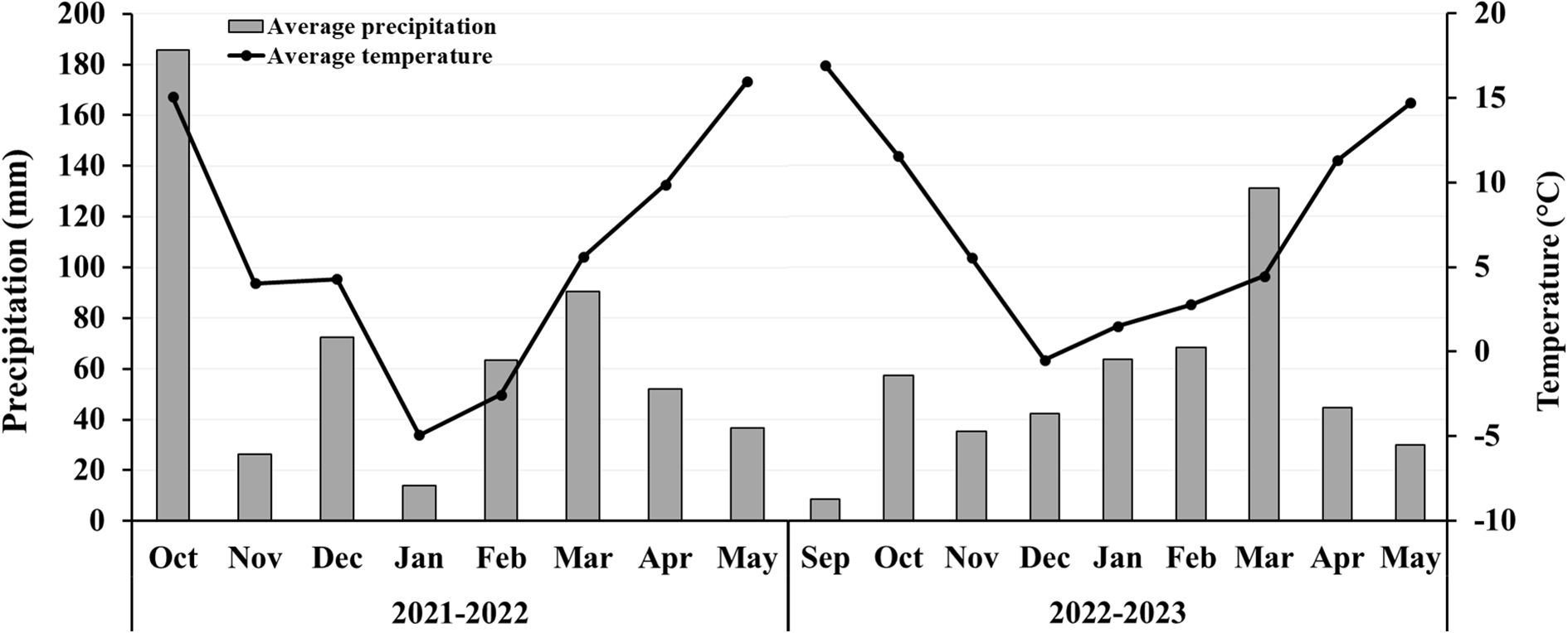 Bar and line graph comparing average precipitation in millimeters and average temperature in degrees Celsius from 2021 to 2023. Precipitation is shown with gray bars and temperature with a black line. Data displays varying trends over months, with noticeable peaks and troughs in both precipitation and temperature.