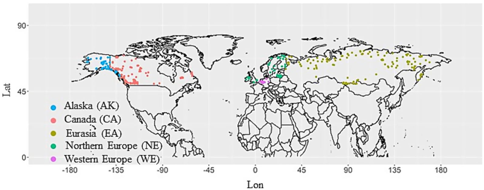 Map showing regional classification: blue for Alaska (AK), red for Canada (CA), green for Northern Europe (NE), purple for Western Europe (WE), and yellow for Eurasia (EA). Latitude and longitude are marked on axes.