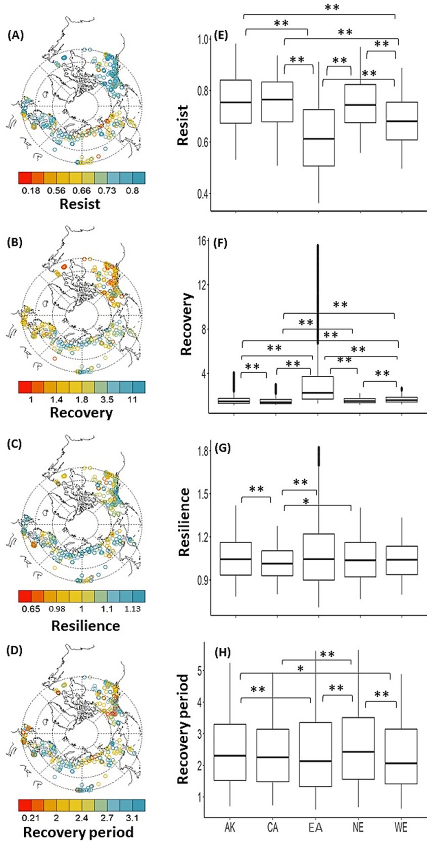 Maps (A-D) show global distributions with color scales for resist, recovery, resilience, and recovery period metrics. Box plots (E-H) depict statistical analyses of these metrics across regions, indicating significant differences with asterisks.