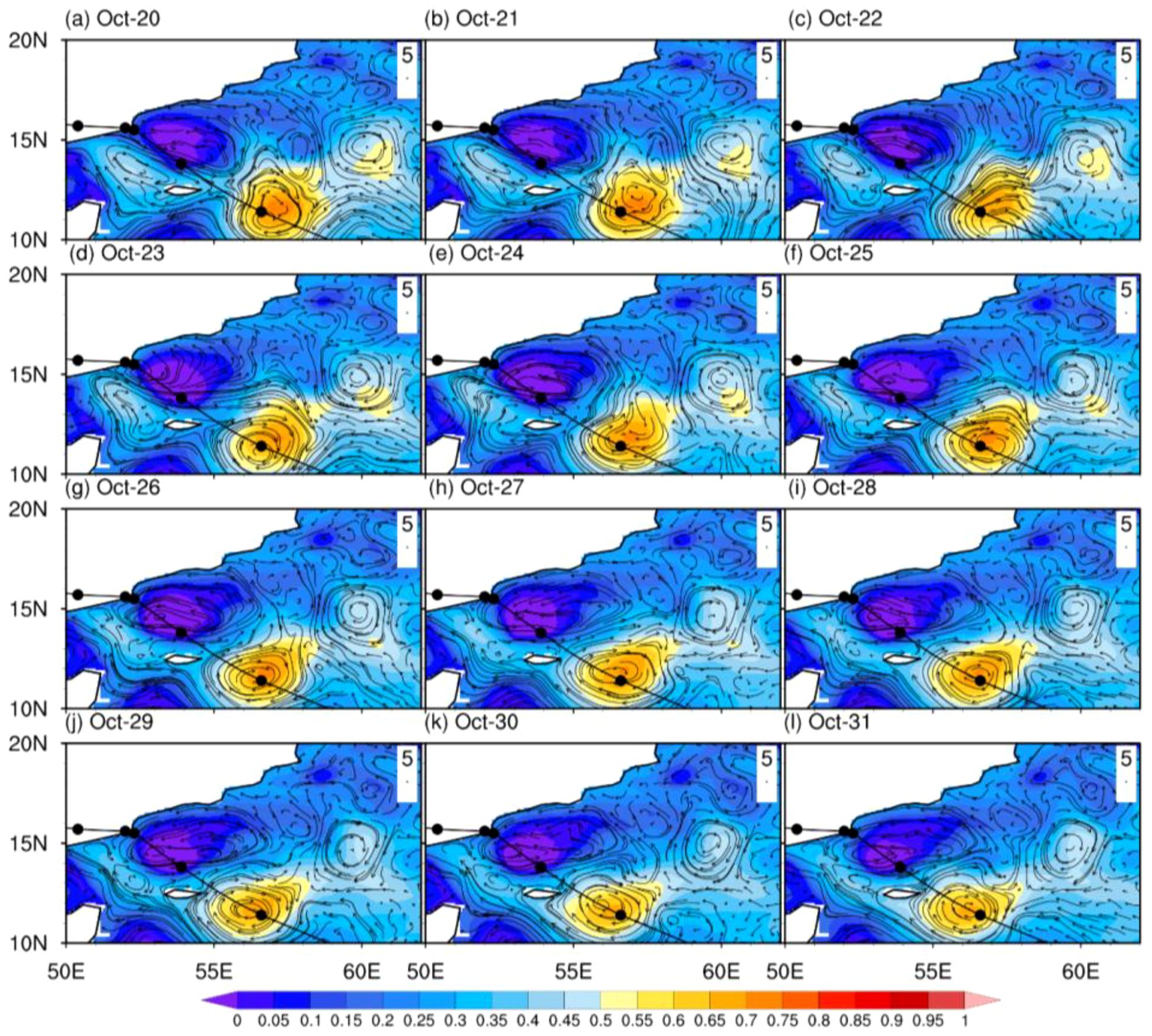 Sequential weather maps from October 20 to 31 show atmospheric pressure systems over a specified region. Colors range from purple to yellow, indicating varying pressure levels, with contours highlighting pressure gradients. A scale bar below represents pressure levels from 0 to 1.